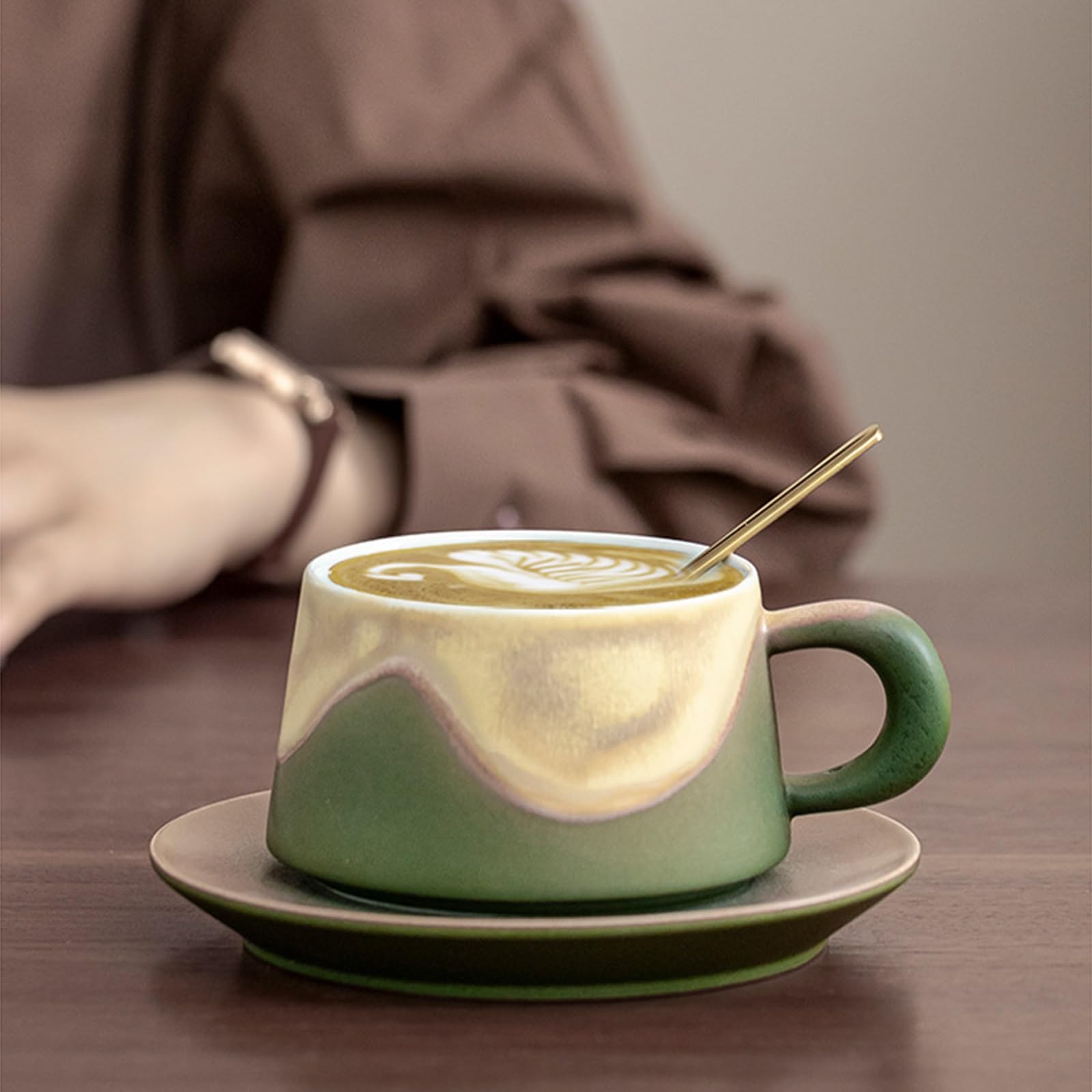 Ceramiczny kubek do espresso i spodek, z pasującym spodkiem i złotą łyżką, ceramiczny kubek na wodę, kubek do herbaty 237 ml (pomarańczowy)