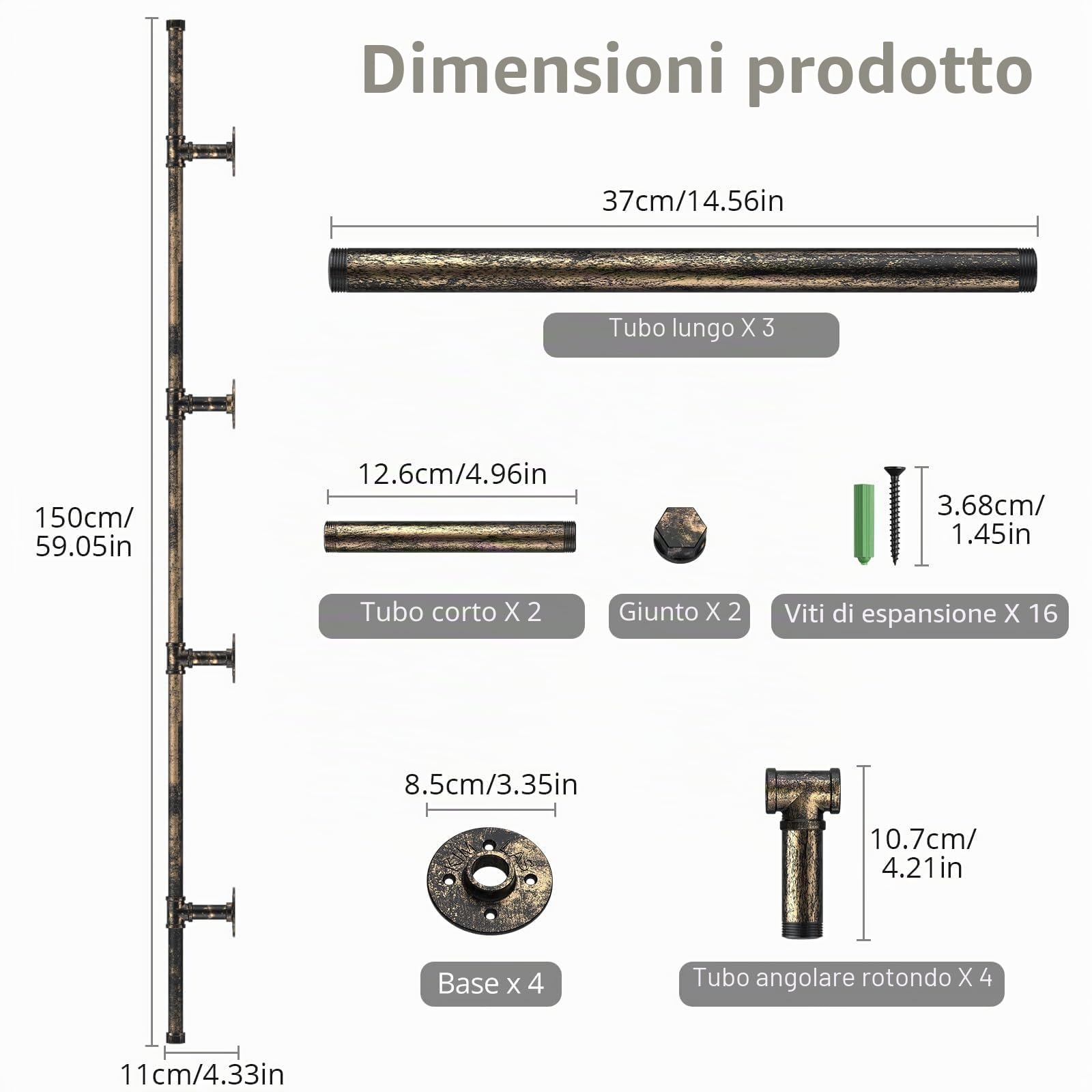TANiCE Maniglione in Ottone per Scale Corrimano Antiscivolo in Acciaio con Tubo Industriale Supporto Robusto per Interni ed Esterni Installazione Facile per Bambini e Anziani (Bronzo 1,5m)