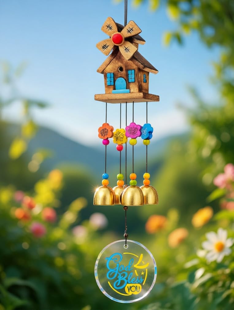 โParadigm Pictures โGod Bless Youโ Wind Chime for Home Decoration | Wooden House Hanging Bell Chime | Ideal Birthday & Diwali Gift | Good Luck Hanging for Balcony, Living Room & Garden Dรฉcorโ