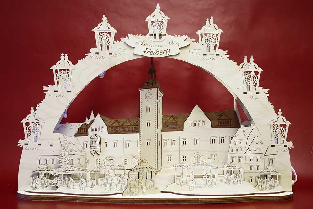 3D LED Schwibbogen Freiberg Rathaus - Holzkunst aus Sachsen - mit Netzkabel | Lichterbogen Weihnachten