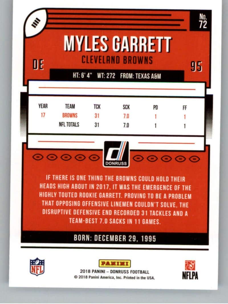 2018 Donruss Football #72 Myles Garrett Cleveland Browns Official NFL Trading Card