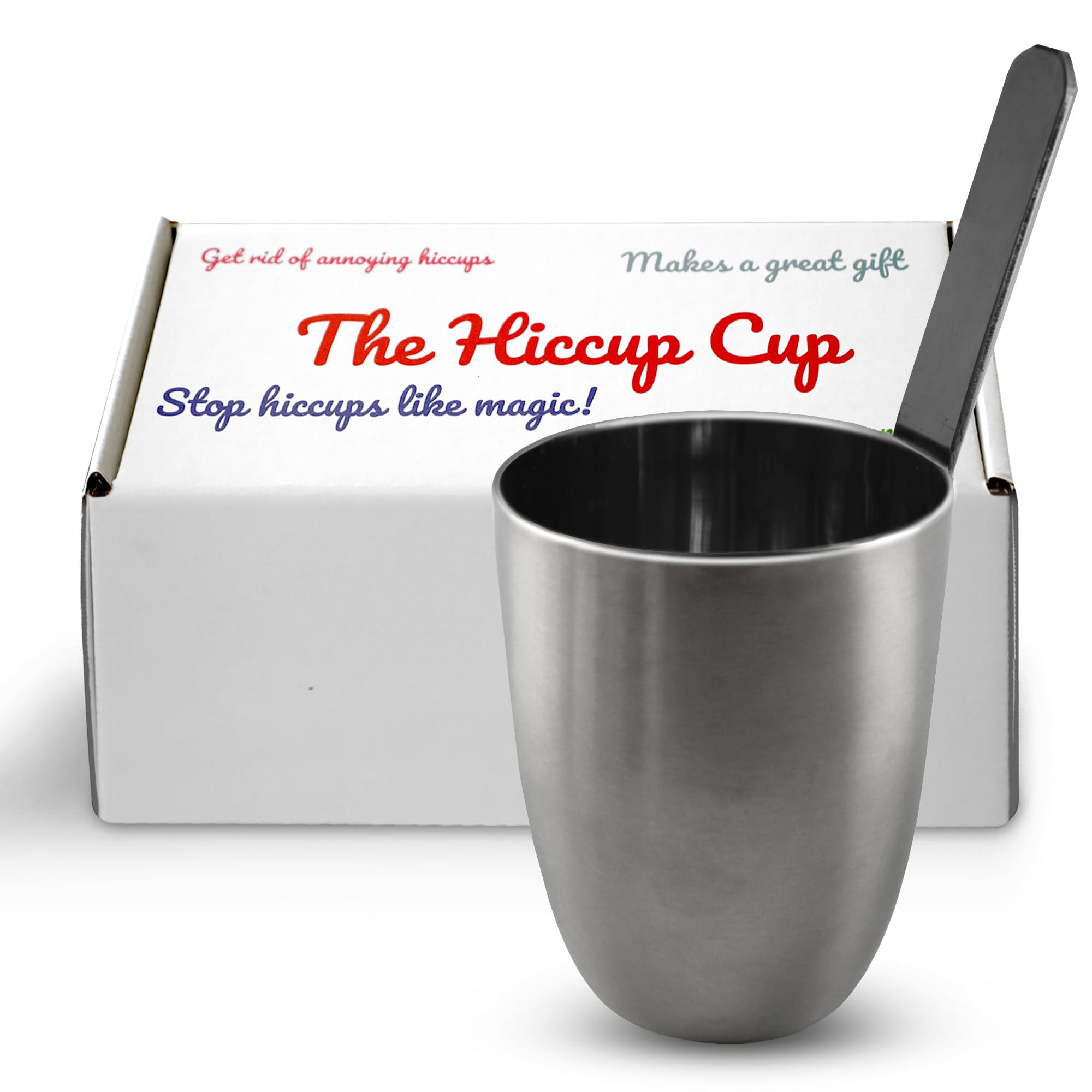 The Hiccup Cup. Stop Hiccups Fast. Stop Hiccups Naturally. Simpler to use than a Straw. Stainless Steel.
