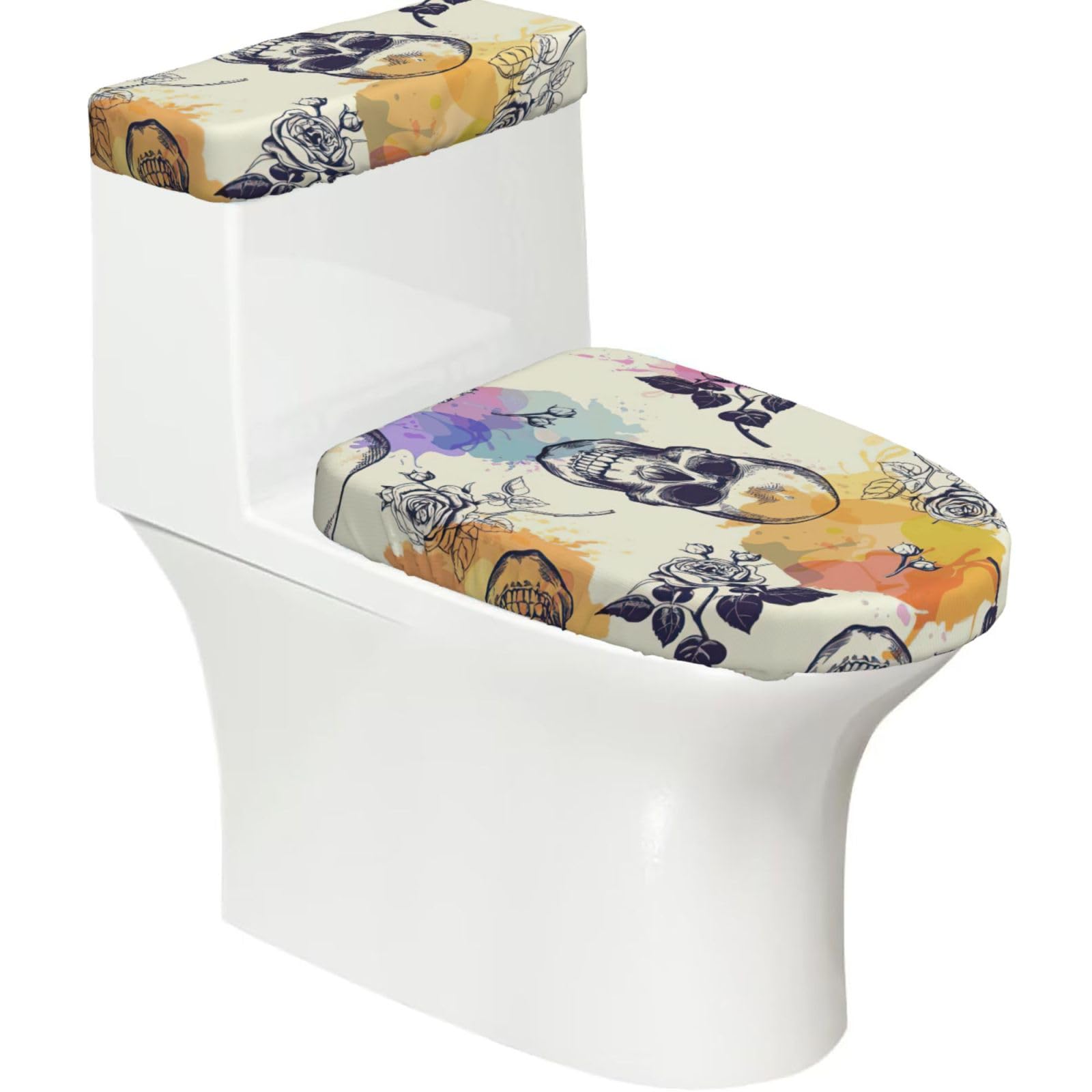 Skull Flower Print 2-Piece Stretch Toilet Cover Set, Elastic Breathable Toilet Seat and Tank Lid Protector