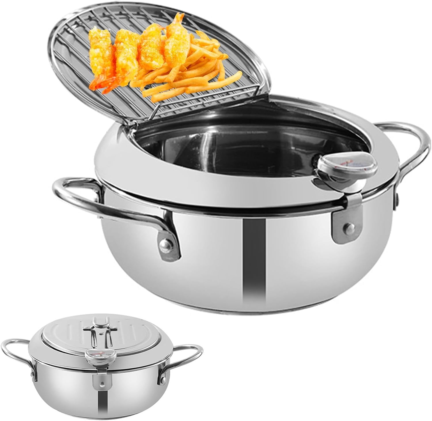 Pentola per frittura, pentola giapponese in acciaio inox con scarico dell'olio, controllo della temperatura e coperchio, friggitrice tempura per fornelli a gas/induzione, per patatine e pollo (24CM)