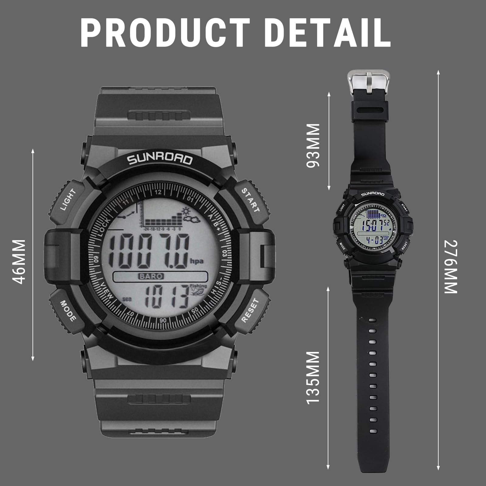 Herren Digitaluhr Sport 5 ATM Wasserdicht mit Backlight für Angeln | Angeln Herren Uhren Digital Sport mit 6 Angelplätze, 24 Stunden Luftdruckkurve, Höhenmesser, Thermometer, Wettervorhersage