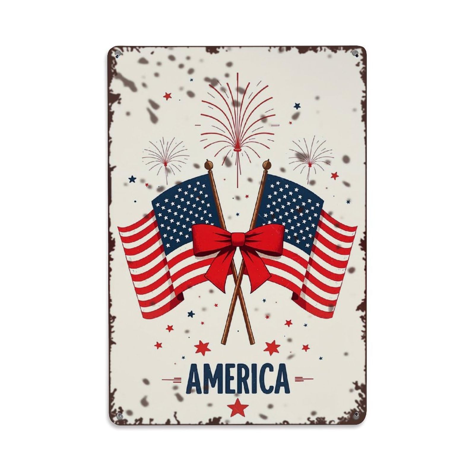American Flags Fireworks Stars Bow Tin Sign Metal Poster Vintage Metal Signs for Home Man Cave Bar Cafe Kitchen laundry room Wall Decorations Gift 8x12Inch