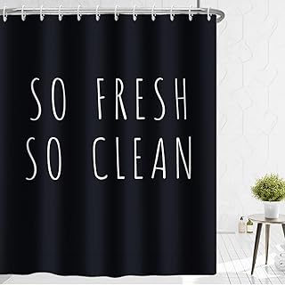 Yeele Black Shower Curtain Waterproof Fabric Polyester SO Fresh SO Clean Letters Funny Bathtub Curtains Modern Unique Bathroom Decoration Set with 12 Hooks,72x72in