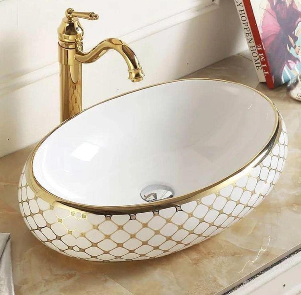 REMOTION Wash Basin Countertop | Tabletop Ceramic Bathroom Sink | Wash Basin Over Counter | Countertop For Bathroom (Rectangular Shape-24 x 16 x 6 Inch) (Glossy White Golden-Cross Design) (B0CJNSGK3M) Amazon Price History, Amazon Price Tracker