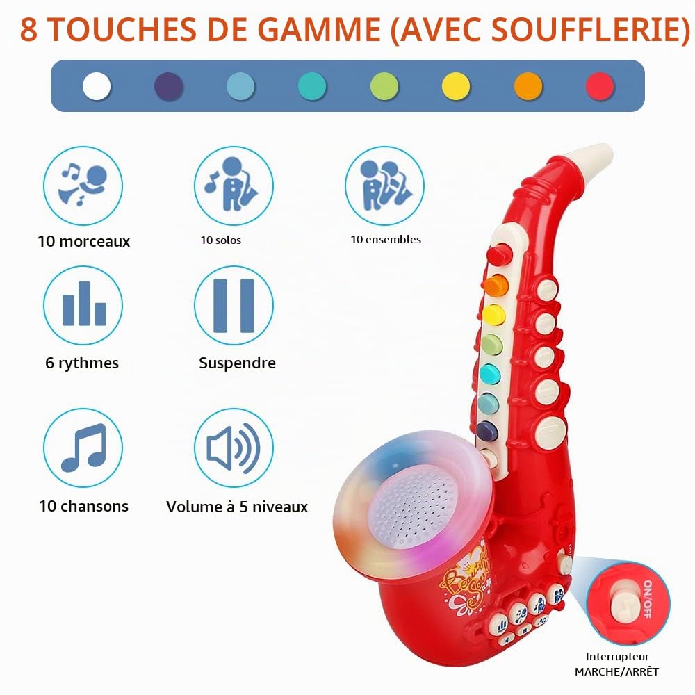 Coikes Saxophone Jouet pour Enfants Saxophone 8 Notes en Plastique avec Instruments de Musique de Musique Jouet éducatif précoce Portable Trompette pour Enfants Bébé Garçons Filles (Rouge)