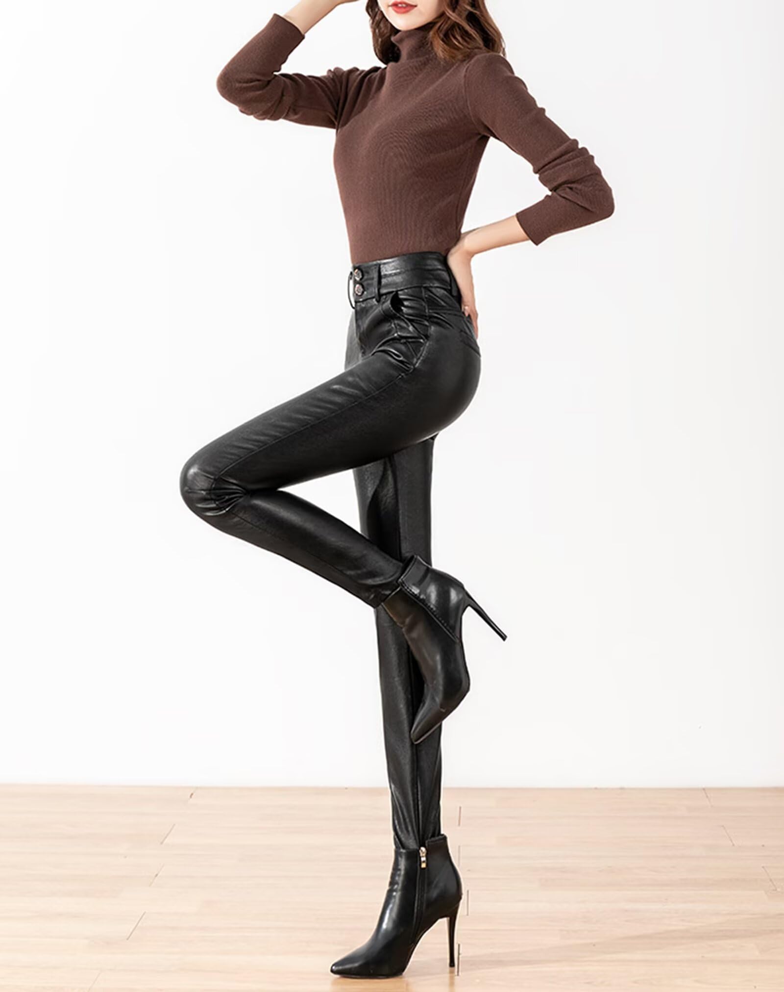 HNVAVQ Pantalones Cuero Mujer Slim Fit Cintura Alta Pantalón Skinny con Bolsillos