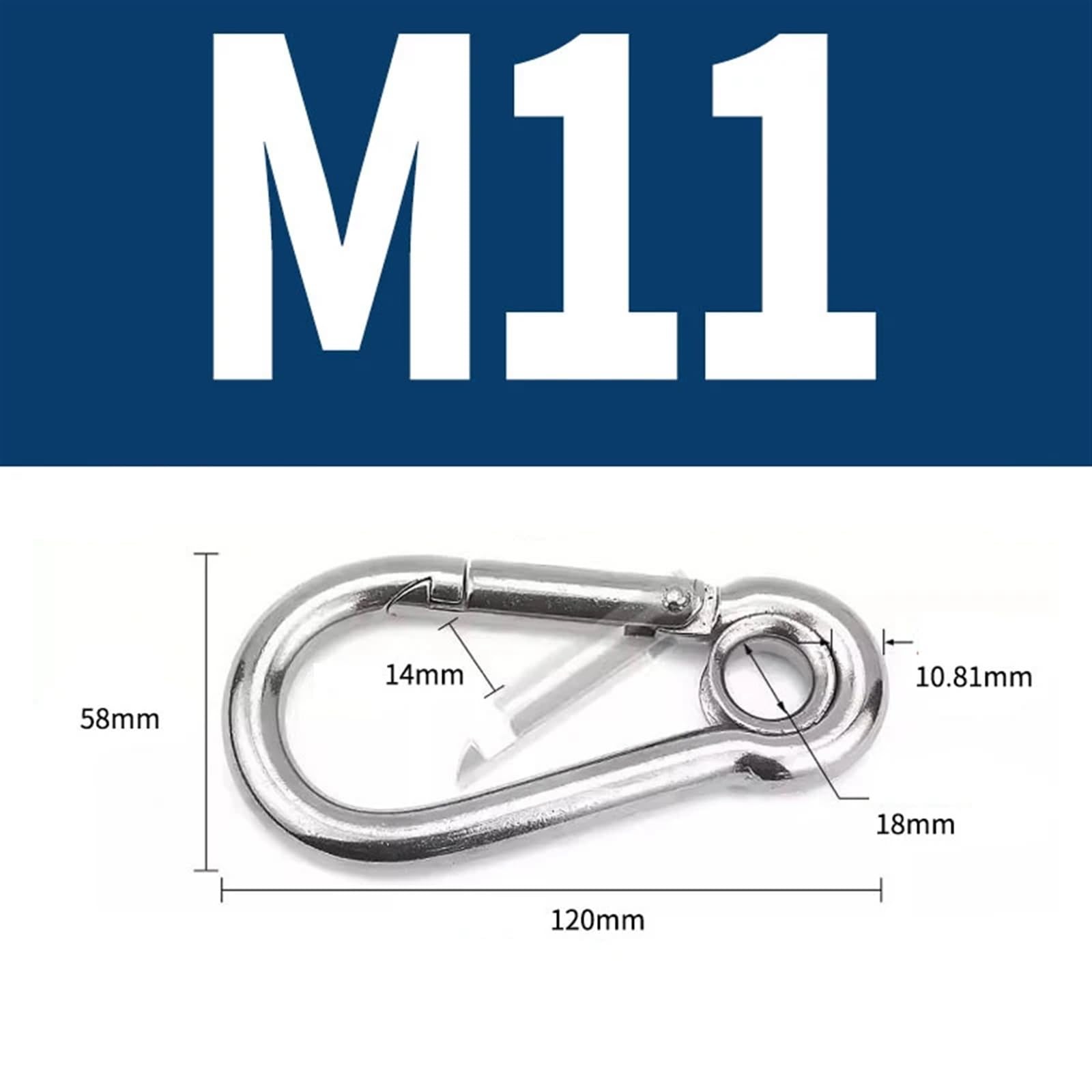 Karabinerhaken 304 Edelstahl Karabiner Karabinerhaken mit Öse Federschnalle Schlüsselanhänger M4 M5 M6 M7 M8 M9 M10 M11 M12 für Schlüsselanhänger, Camping, Wandern, Reisen,(M11,10PCS)