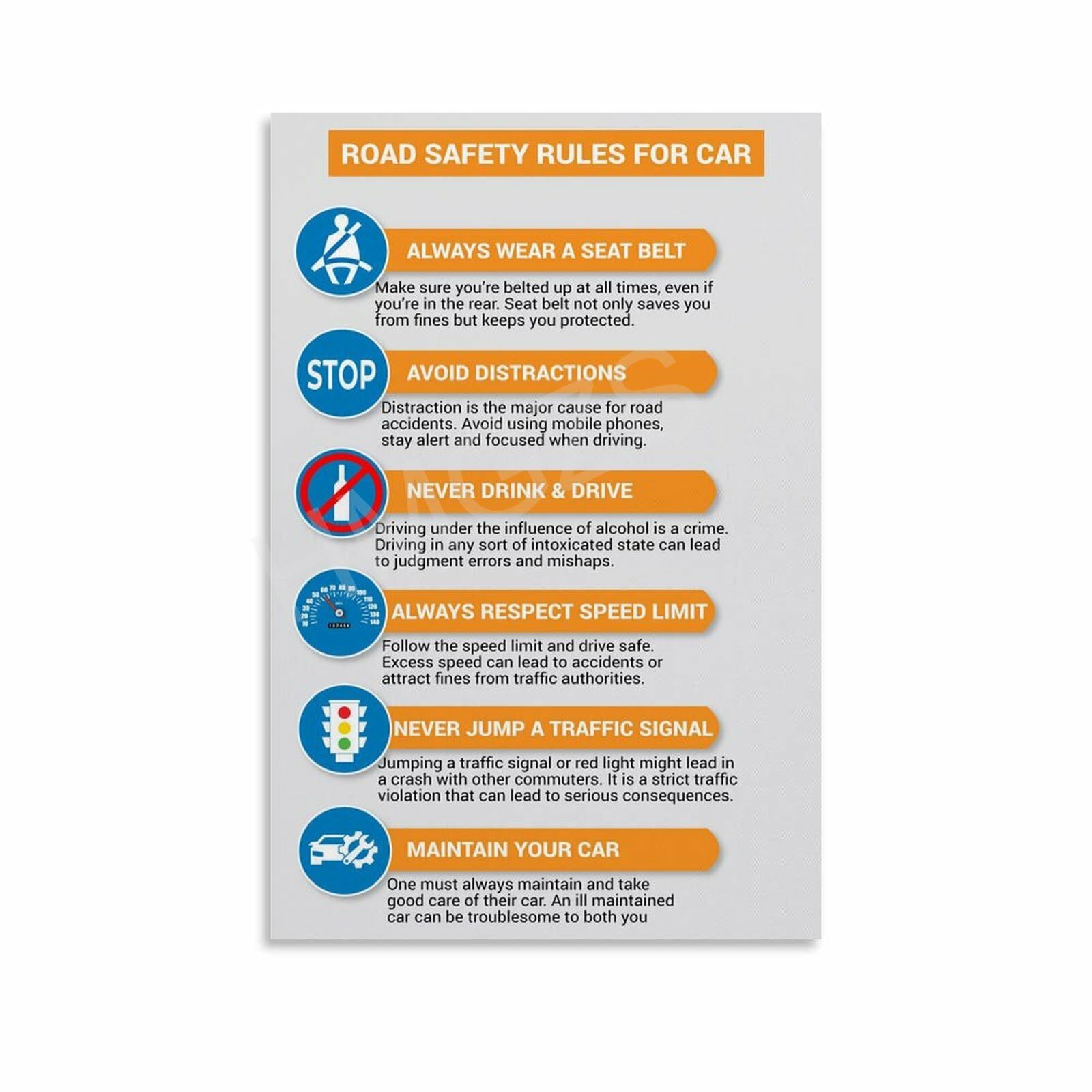 SDFWETGX Road Safety Rules For Car Art Poster Traffic Safety Education Poster Canvas Painting Posters And Prints Wall Art for Living Room Bedroom Decor 08x12inch(20x30cm)