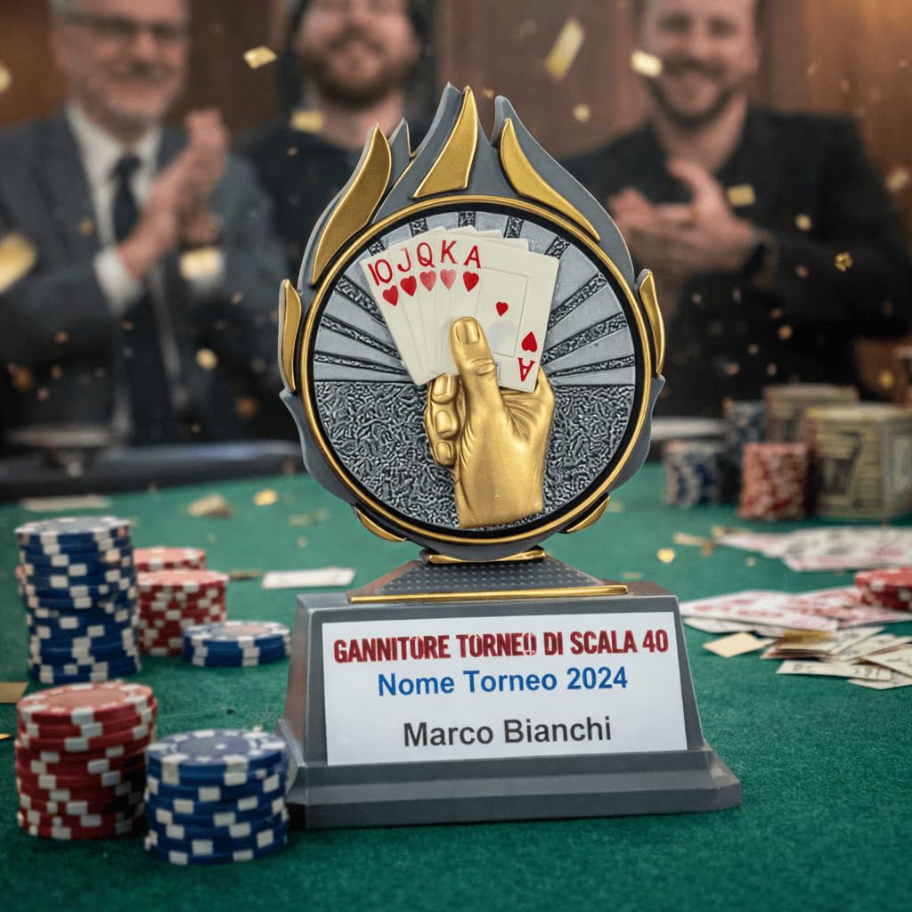 D&Vlab Trofeo Carte 14 cm Argento Personalizzato con Targhetta – Coppa per Tornei Poker Burraco Bridge