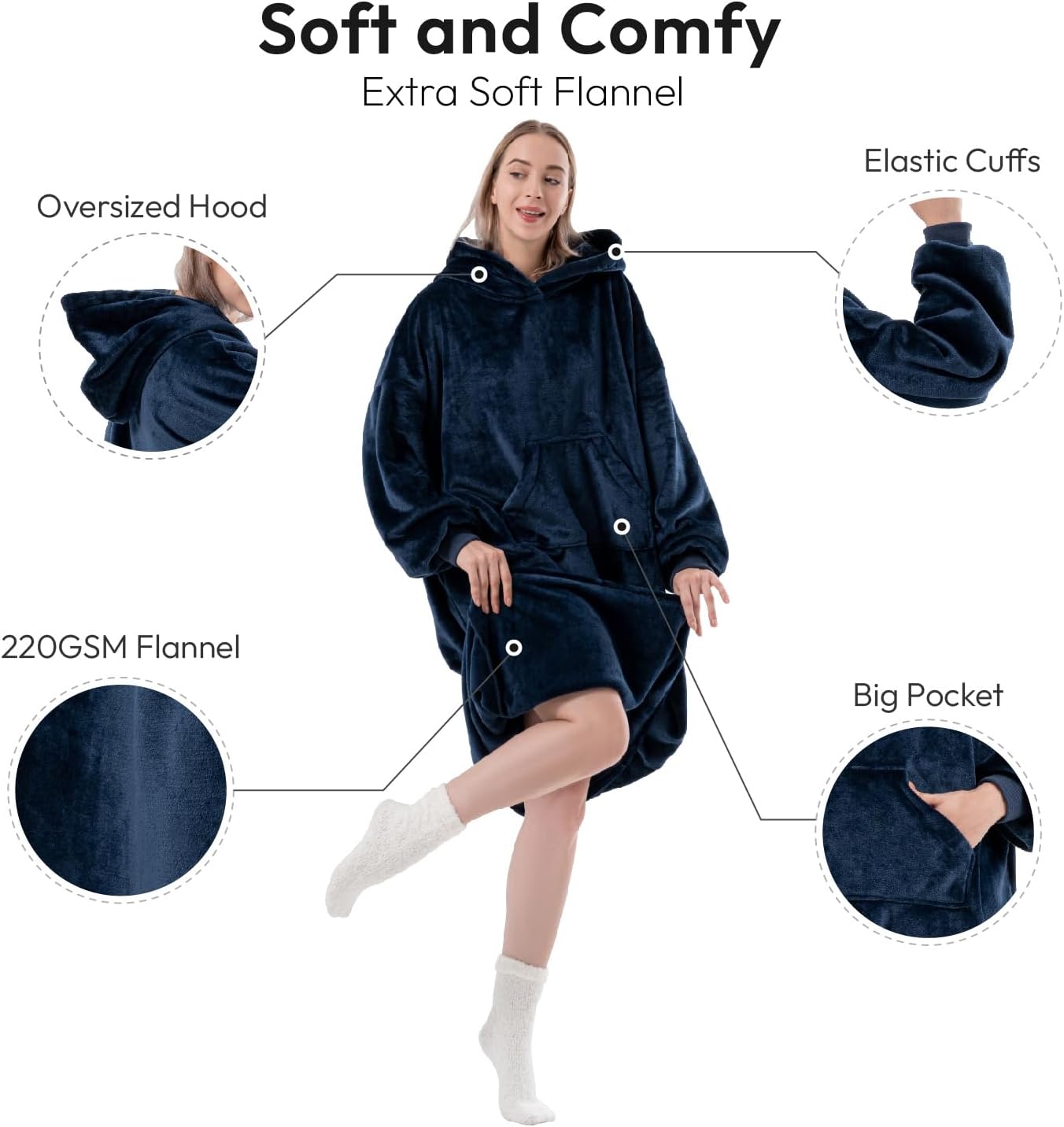 Sioloc Wearable Blanket Hoodie for Women/Kids/Men, Oversized & Cozy Sherpa Lined Hoodie Sweatshirt Blanket(Navy,Long1) - Image 2