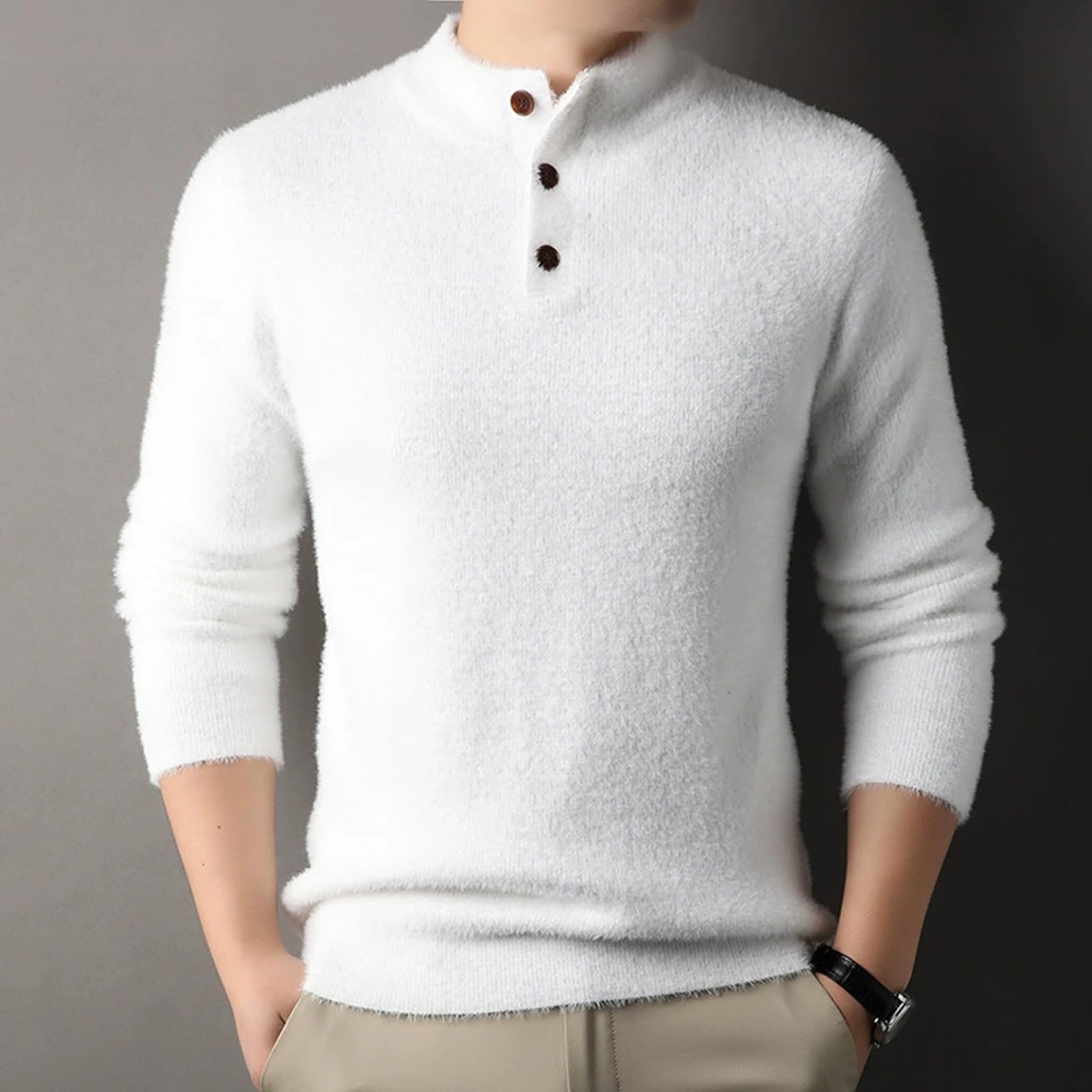 Jersey Henley para hombre, con botones, de manga larga, de invierno, de trabajo, para hombre, monocolor, básico, ajuste regular, prendas de punto