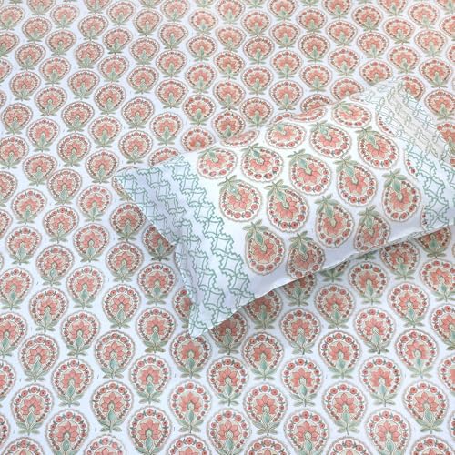 Image of TOAI Hand Block Printed Bedsheet | Bed Sheet Flatsheet | Pure Cotton | Double Bed Queen Size 90 inchx108 inch | 300 TC Bedsheets | Includes 2 Pillow Covers (Peach Green White)