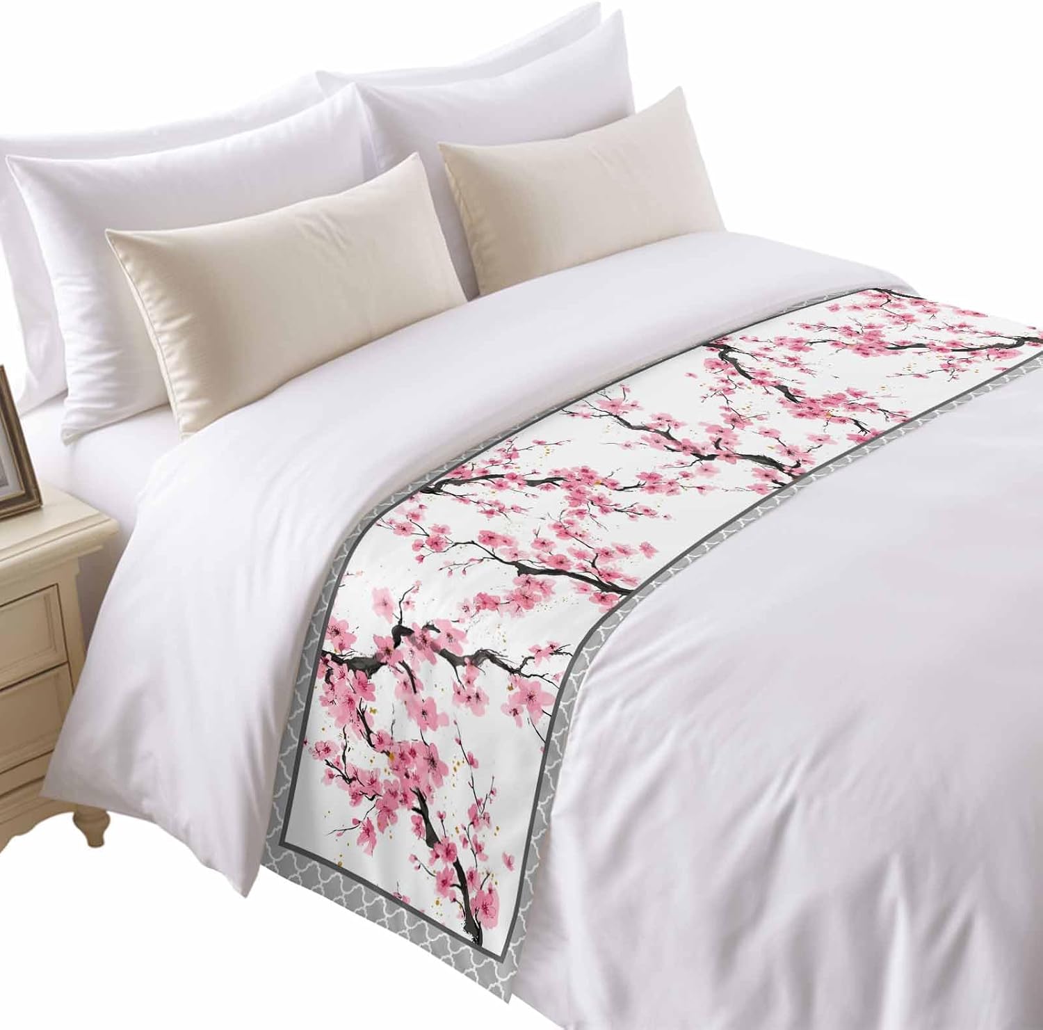 Spring Pink Flowers Bed Runner Bedding Decorative Scarf for Fits Cal King Bed, Botanical Peach Blossoms Floral Luxury Fine Print Foot Throw with Satin for Hotels Homes, Guest Rooms, 102" x 20"