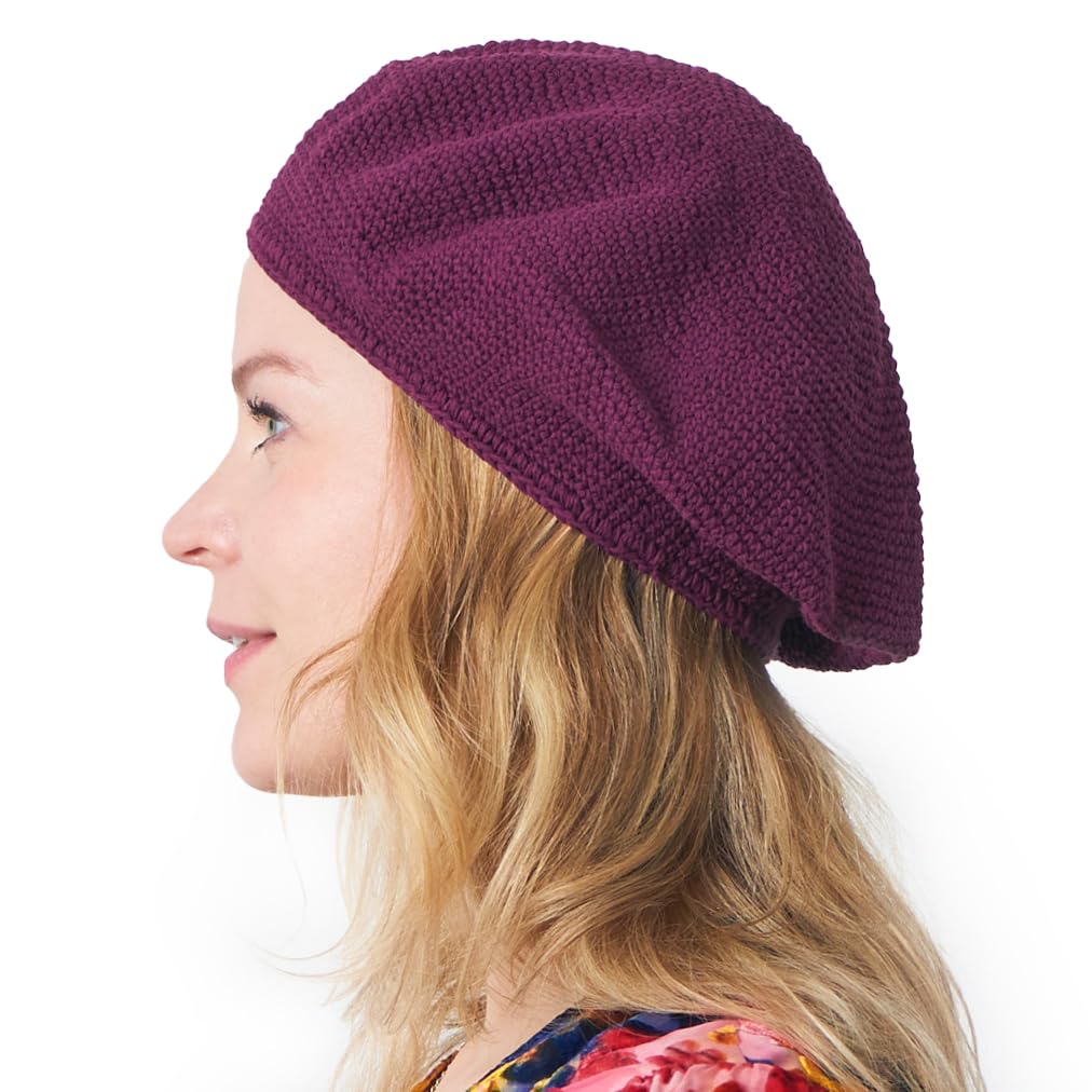 CHARM Knit Beanie Hats for Women & Men's Berets, 100% Cotton Crochet Cap Handmade French Beret for Summer & Winter, Burgundy