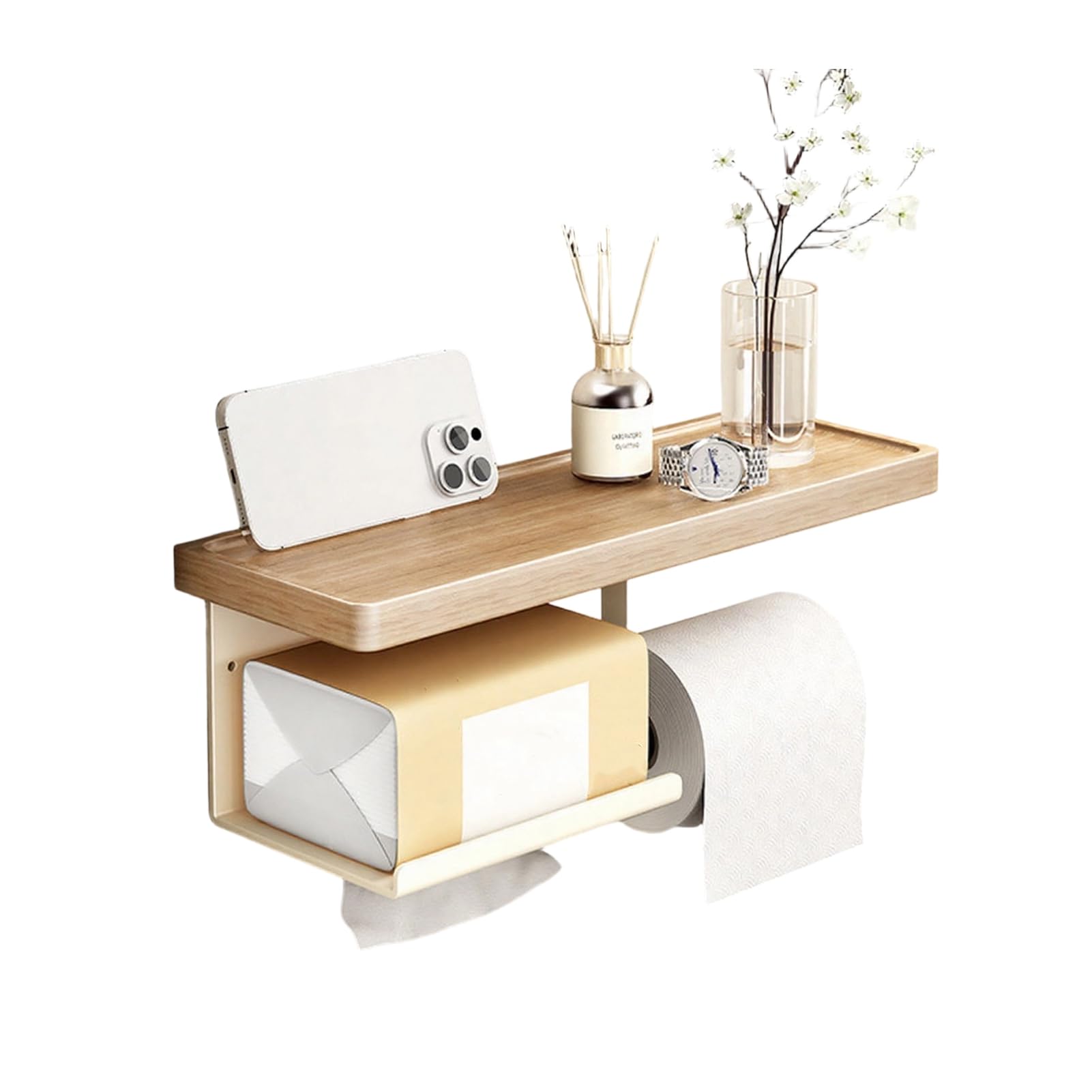 Glifora Wall Storage Rack - Strong Load-Bearing Wall-Mounted Organiser with Rounded Paper Outlet, Smooth Pull-Out, Multifunctional Wood and Metal Bathroom Shelf