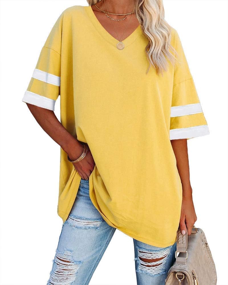Ebifin Damen Oversize T Shirt mit V-Ausschnitt Kurzärmeliges Casual Lockere Basic Sommer Tee Shirts Bluse.