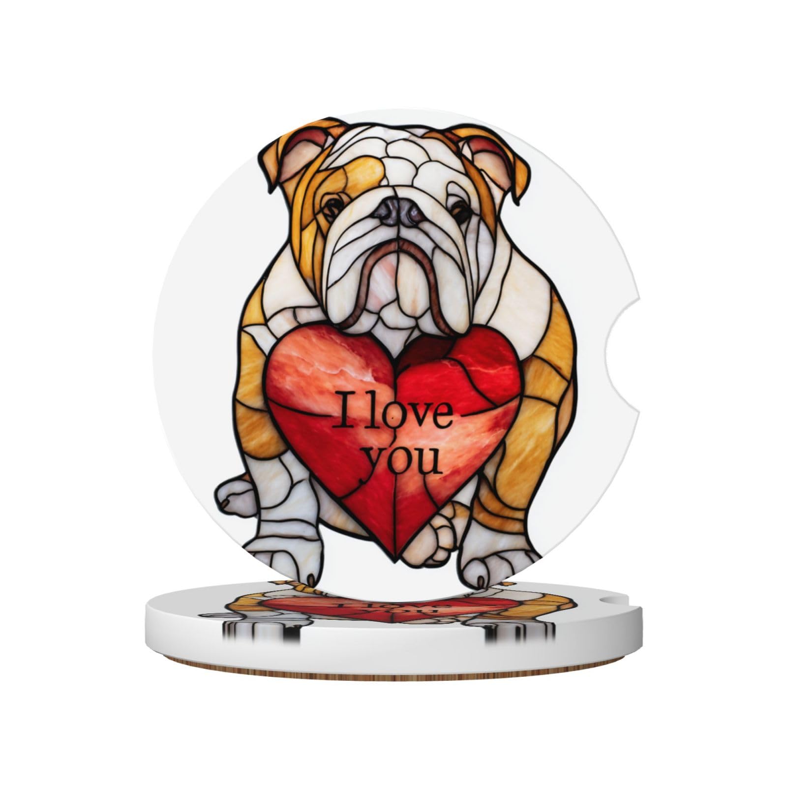 Stained Glass Bulldog Red Heart Ceramic Coasters,2pcs