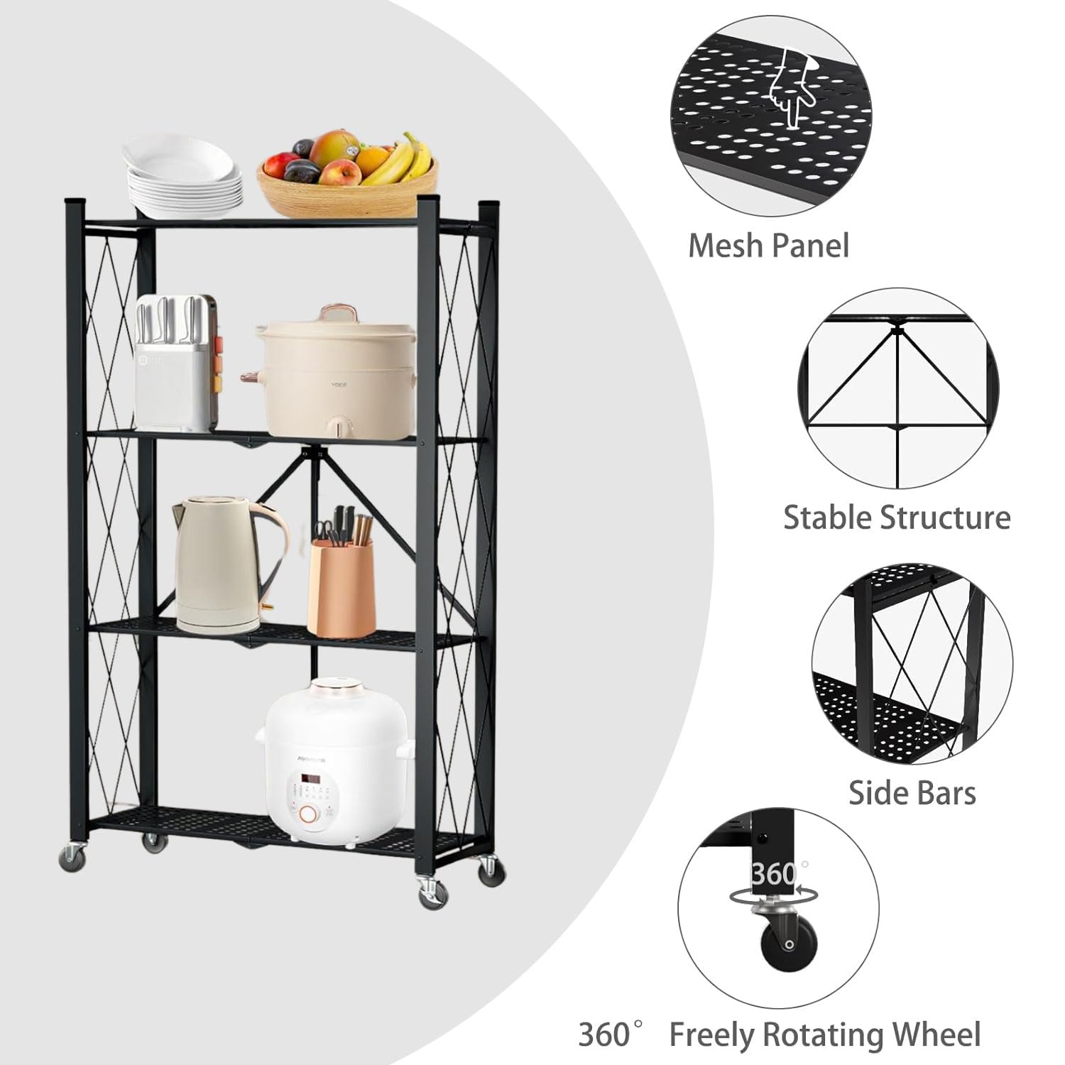 Lar Capaci nizer - Scaffale a 4 ripiani in metallo, per cucina, lavanderia e bagno, pieghevole, con ruote (nero)