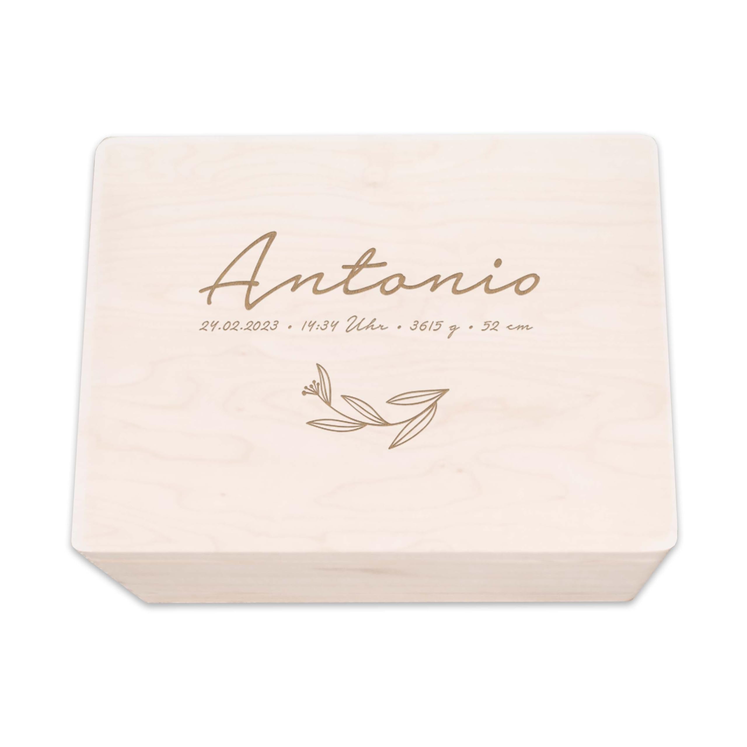 hellomini Personalisierte Erinnerungsbox aus Holz • Gravierte Aufbewahrungsbox mit Namen & Geburtsdaten • Geschenk zur Geburt, Taufe & Geburtstag • Hochwertige Baby-Erinnerungskiste (Blätter)