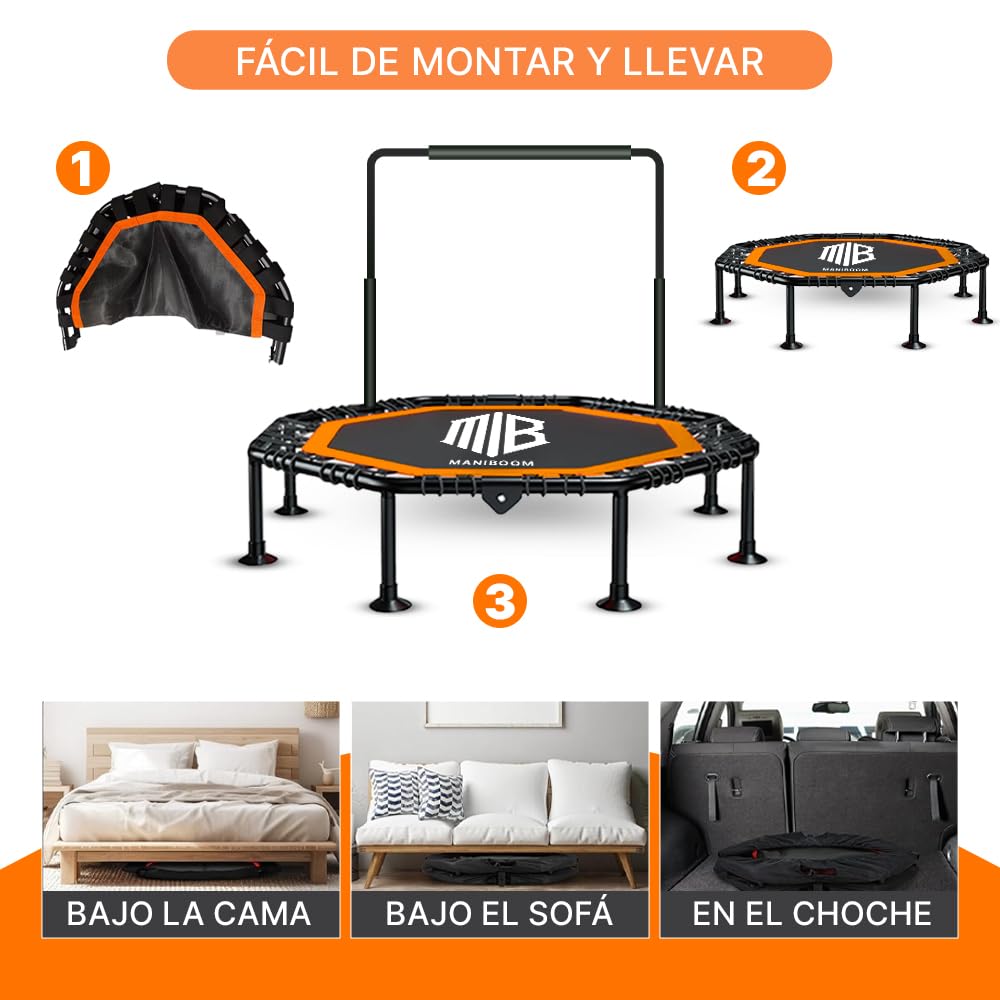 ManiBoom Trampolin Fitness Adultos Ø105cm con 2 Cintas de Resistencia y Agarre Regulable 150kg de Carga - Cama Elastica Jumping Plegable para Interior y Exterior FACIL Montaje