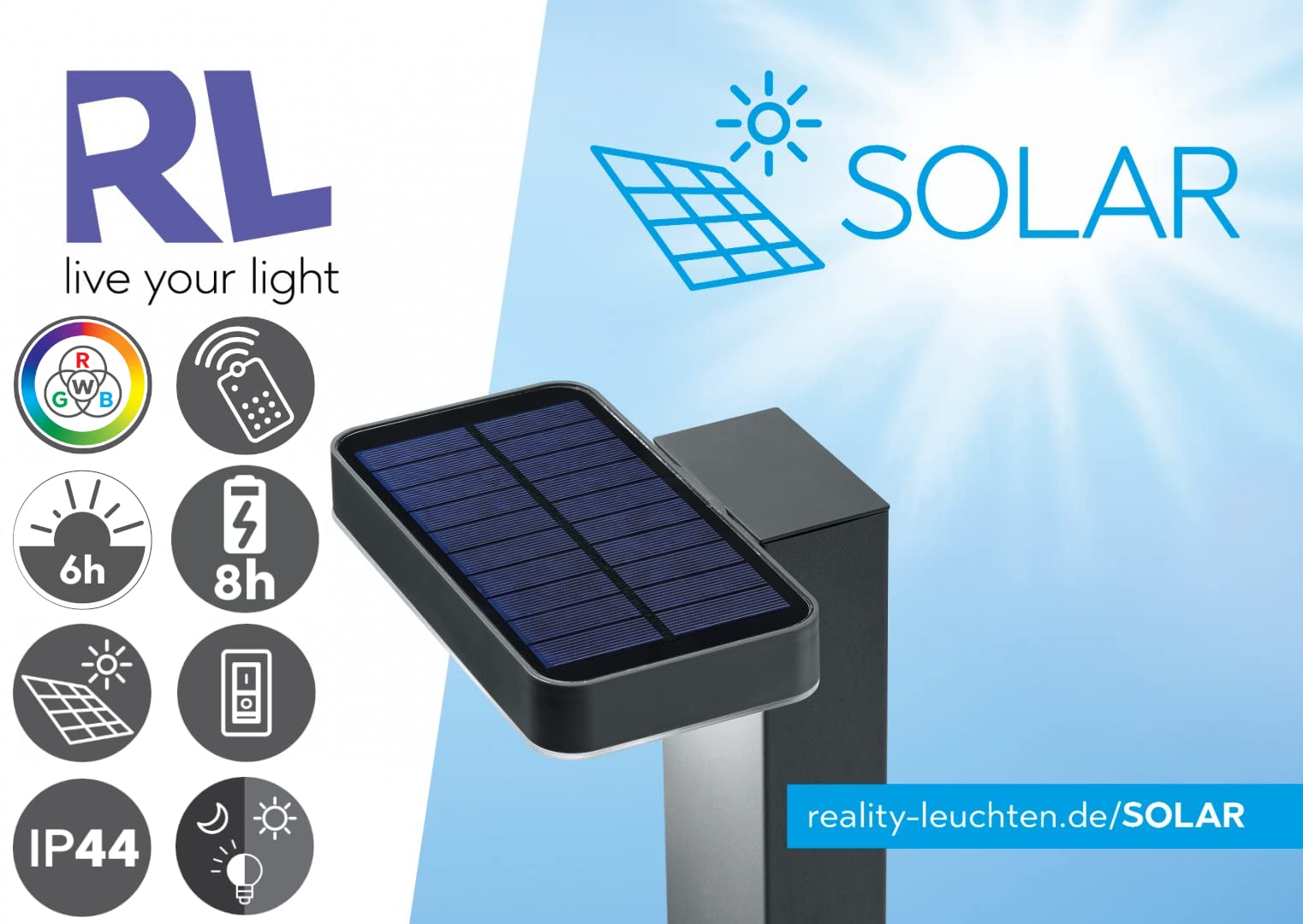 Reality Leuchten Solar LED Außenleuchte Melo R55326901, Kunststoff weiß, inklusive 0.5 Watt LED mit Farbwechsler, Fernbedienung |