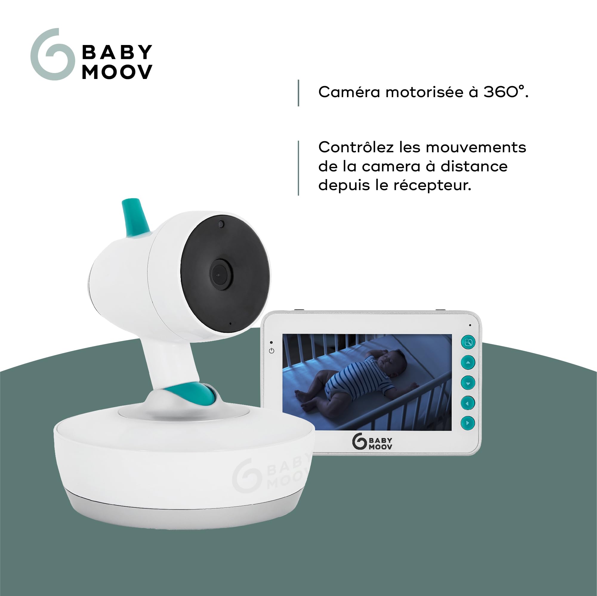 Babymoov Babyphone Vidéo Yoo Moov, Motorisé, Vue à 360°, Portée 300m, Grand Ecran 4,3'', Capteur de température + Son Chargeur Secteur USB, Mural, Port Universel
