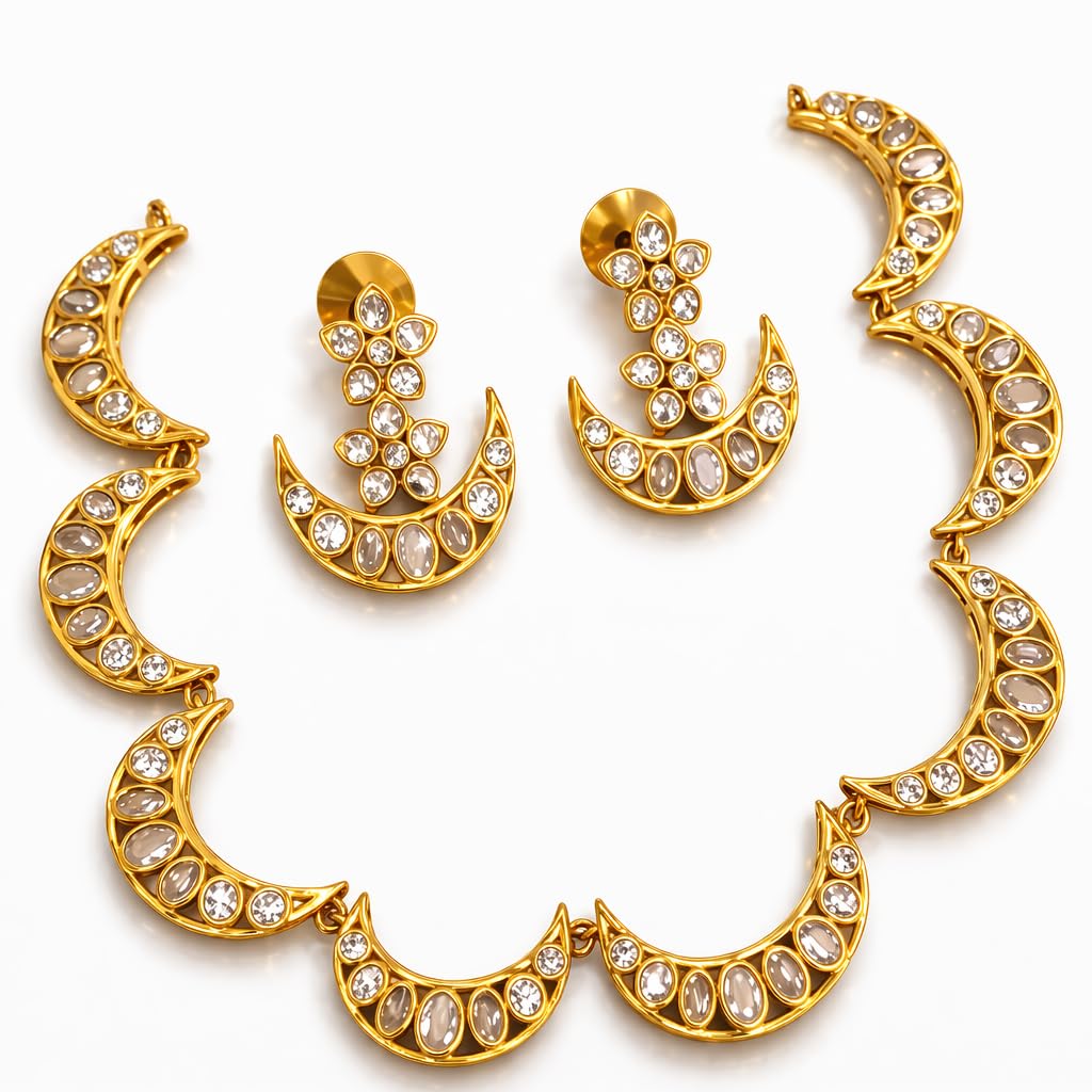 Premium Traditional Kundan Crescent Moon Necklace Set for Women | Gold Plated White Stone Ethnic Jewellery with Matching Earrings | Indian Bridal Wedding Festive Statement Necklace-image-39