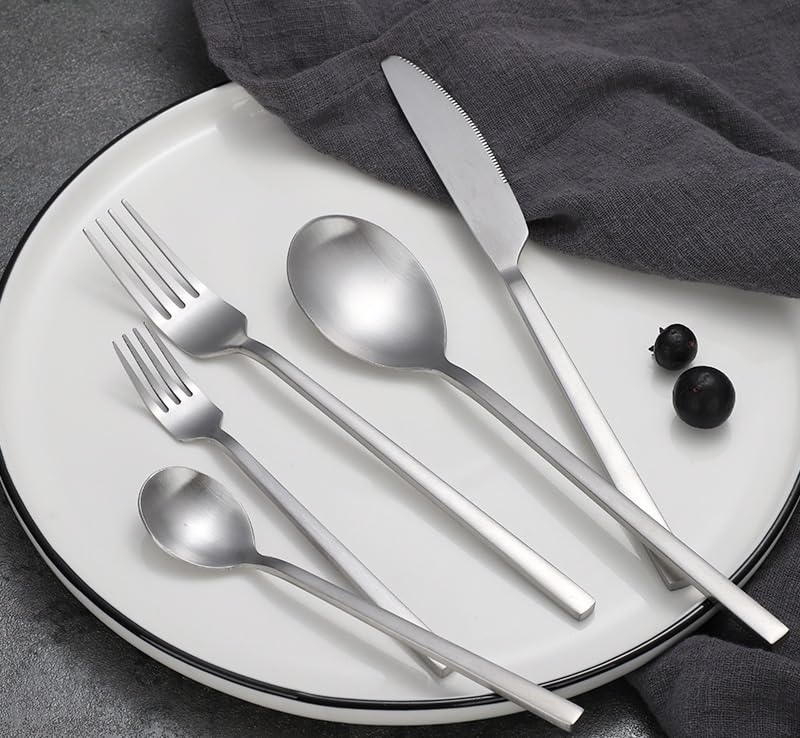 Ensemble de Couverts en Acier Inoxydable Mat – 4/16/24/32/40/48 pièces (Couteau, Fourchette et cuillère) avec Manches carrés, idéal pour Les Steaks, Finition Or Rose – 10 pièces