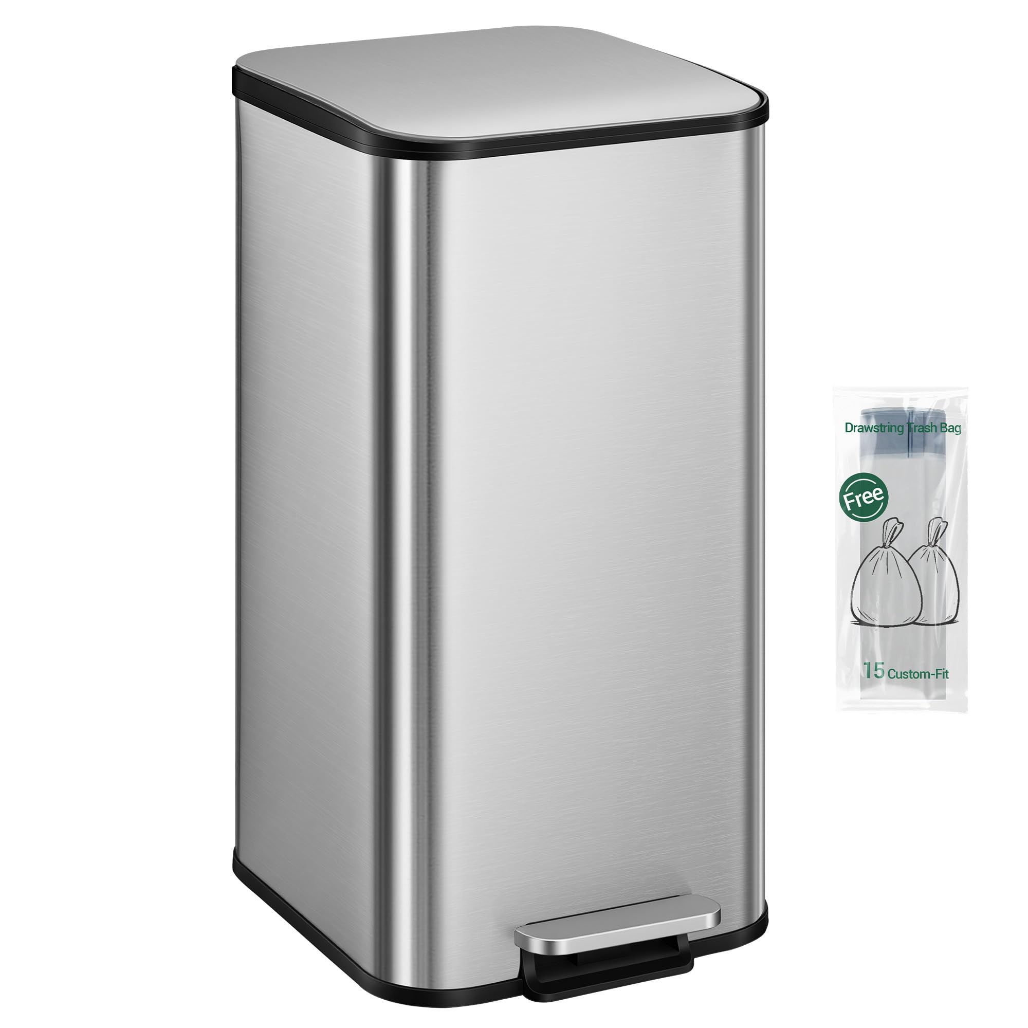 Hzuaneri Kitchen Bin 40L, Pedal bin with Soft-Close Lid, Silver