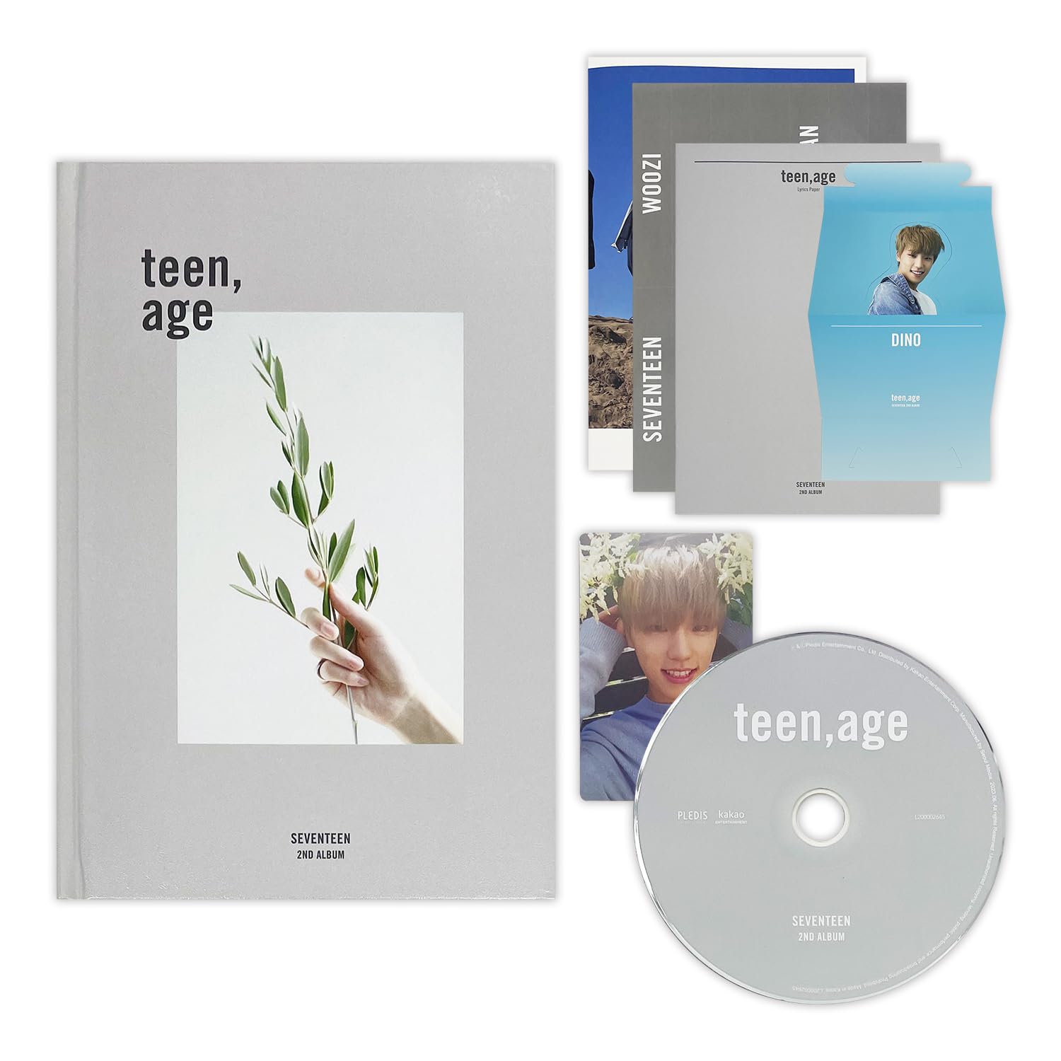 SEVENTEEN - 2nd Album [TEEN, AGE] (Re-release) (WHITE Ver.) Photobook Lyrics Book + Portrait Desktop Stand + Folding Poster + Name Sticker + Photocard + 2 Pin Badges + 4 Extra Photocards