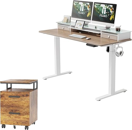 FEZIBO Electric Standing Desk with Glass Top Monitor Stand,48 x 26 Inch with File Cabinet