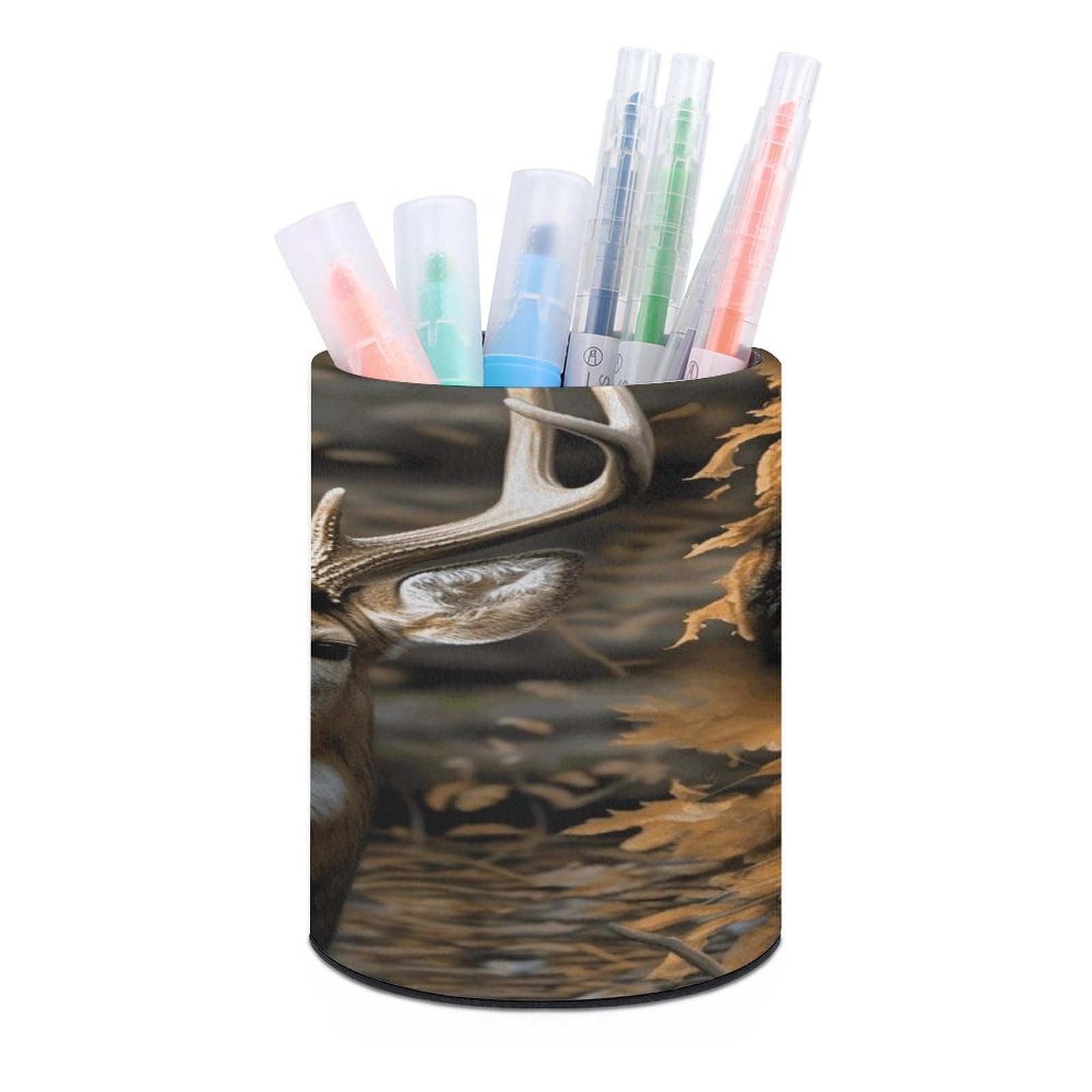 VstaDank Camouflage Deer Pen Holder PU Leather Pencil Cup Minimalist Desk Pencil Holder Round Make Up Brush Organizers For Office Dorm Room&Vanity Desk Accessories