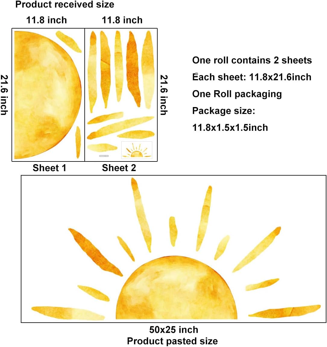 𝔻𝕦𝕠𝕔𝕙𝕖𝕖𝕣 (𝟓𝟎''𝐗𝟐𝟓'') Half Sun Wall Decal Extra Large Boho Sun Wall Decals Peel and Stick Removable Sunshine Wall Stickers for Bedroom Decor Nursery Decor Playroom Decor