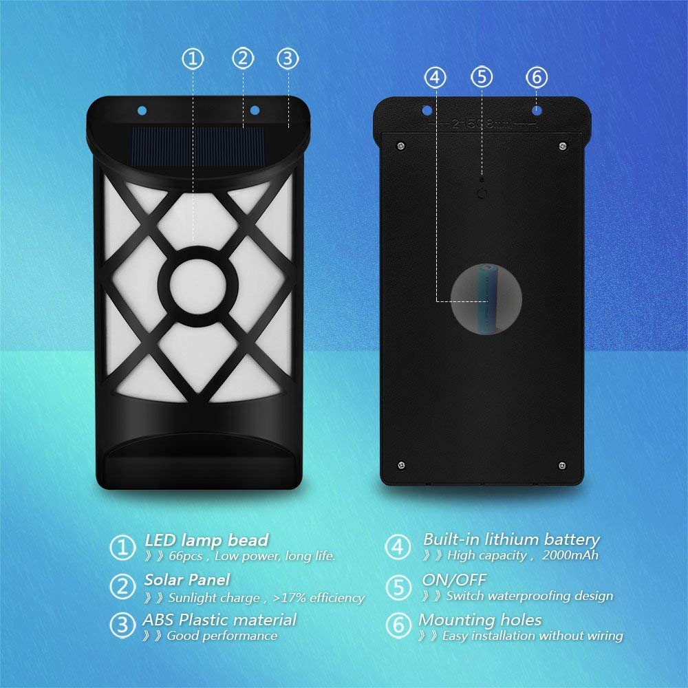 Solar-Flammenlichter für den Außenbereich, wasserdicht, flackernde Flamme, Wandleuchten mit dunklem Sensor, automatisches An-/Ausschalten, 66 LEDs, Terrasse, Hof Modern 4 Pack schwarz