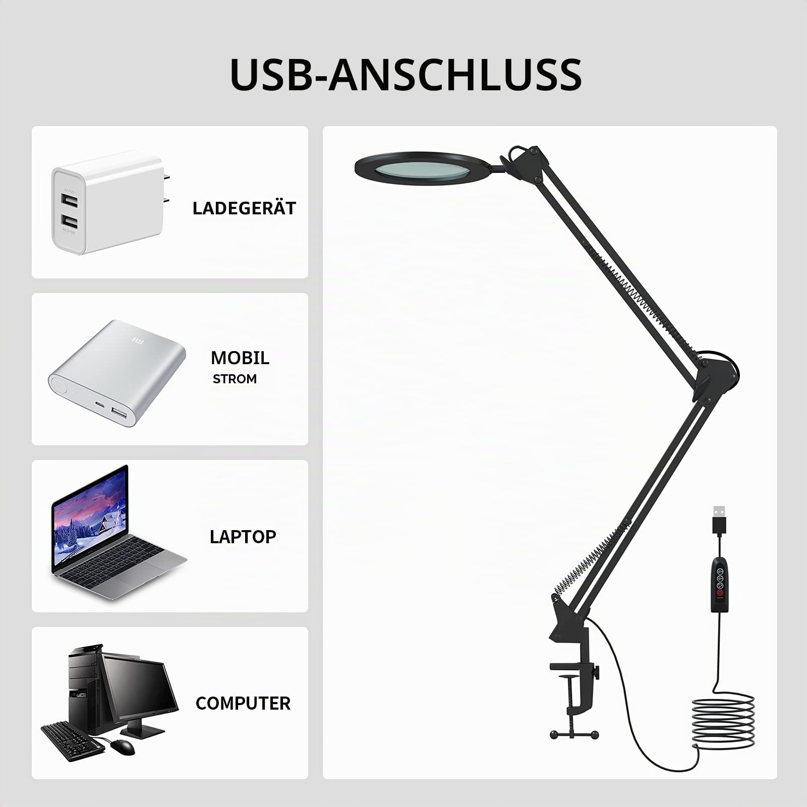 Lupenleuchte Lupenlampe / 105 mm 5-Dioptrien-Echtglas / 3 Farbmodi / 10-stufig Dimmbar / 750 LM Leuchten mit 72 LEDs / 90cm Arbeitsradius/USB-Anschluss (Schwarz)