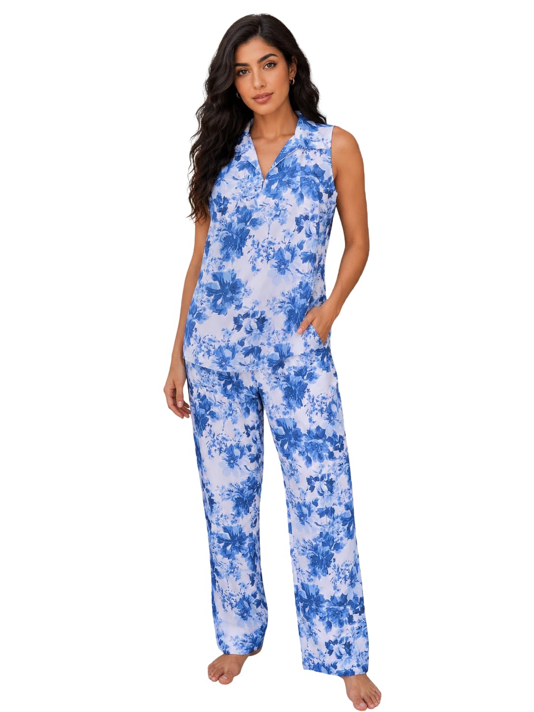 Women's Blue & White Floral Printed Co-Ord Set, Sleeveless Collar Top with Wide-Leg Pants, Cotton Rayon, Summer Resort Wear-image-40