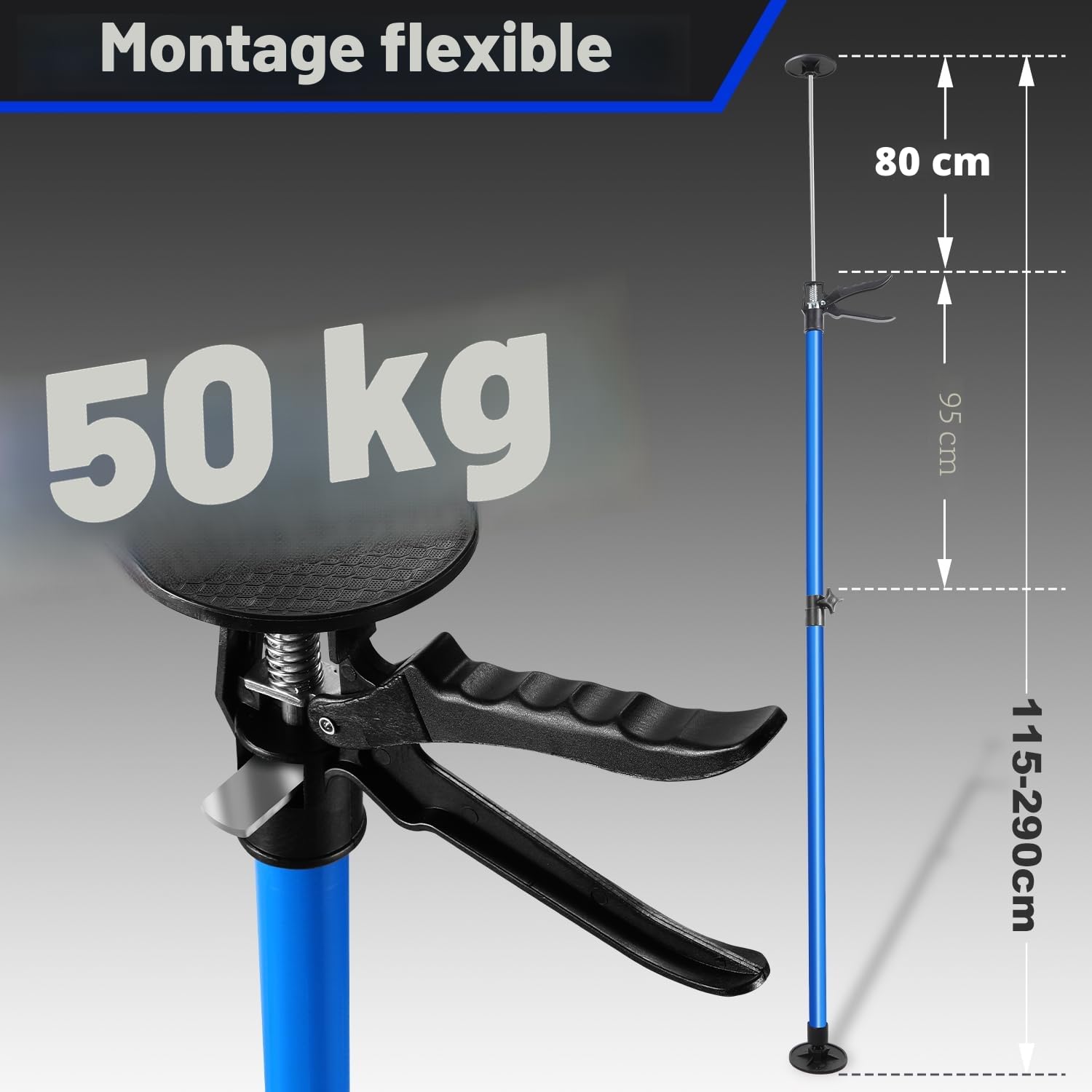 Lot de 2 étais de plafond - Étai de montage jusqu'à 50 kg de capacité de charge - Étais télescopiques jusqu'à 45° - Étai de montage 115-290 cm - Étai à une main pour murs, plafonds, étais