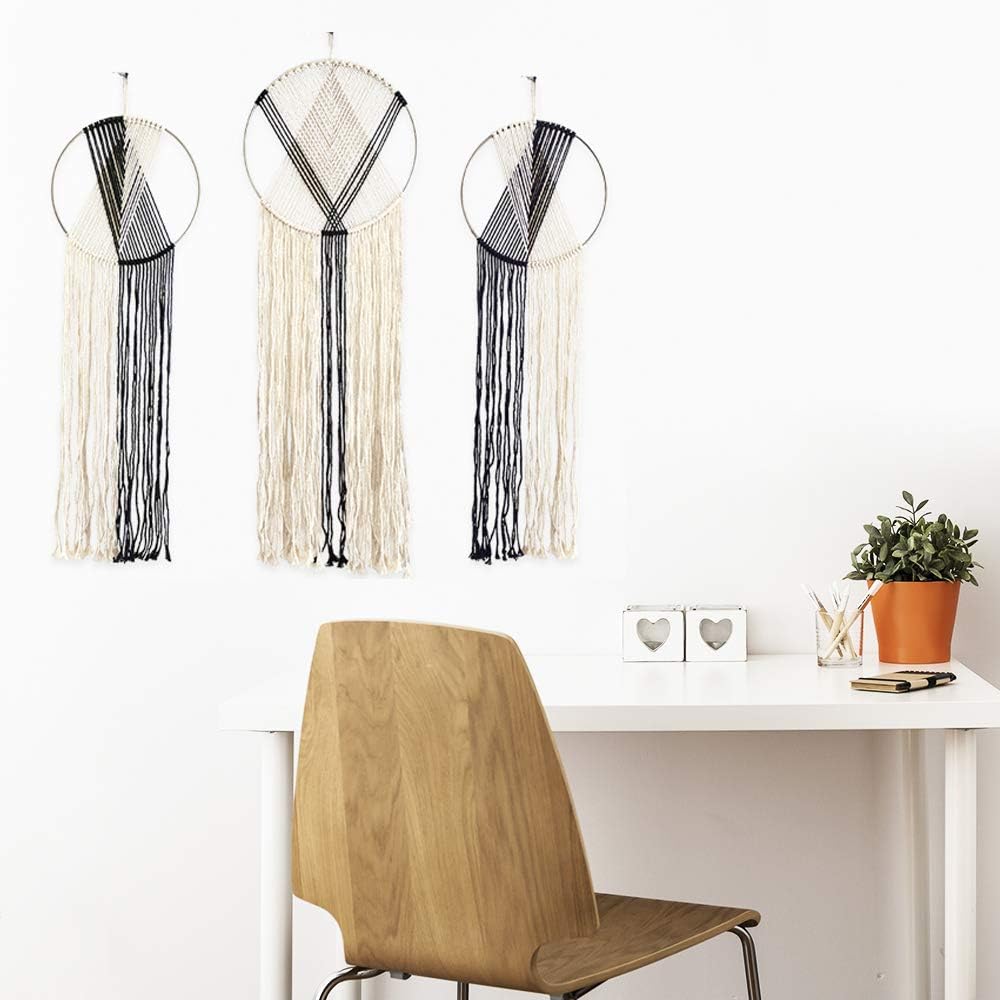 23 Bees, Macrame Wall Hanging Dream Catcher, Large Handmade Crochet Decor for Bedroom, Big Woven Boho Tapestry Dreamcatcher, Chic Rope Art Decorations for Room (Black/White 3pk)