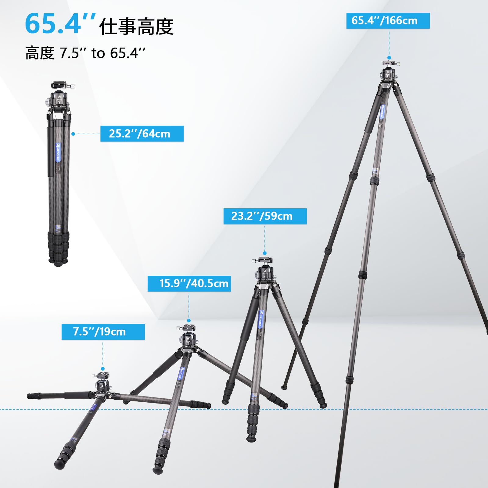 Amazon | カーボン 三脚 ARTCISE 低重心44mmボール雲台付き29mmパイプ