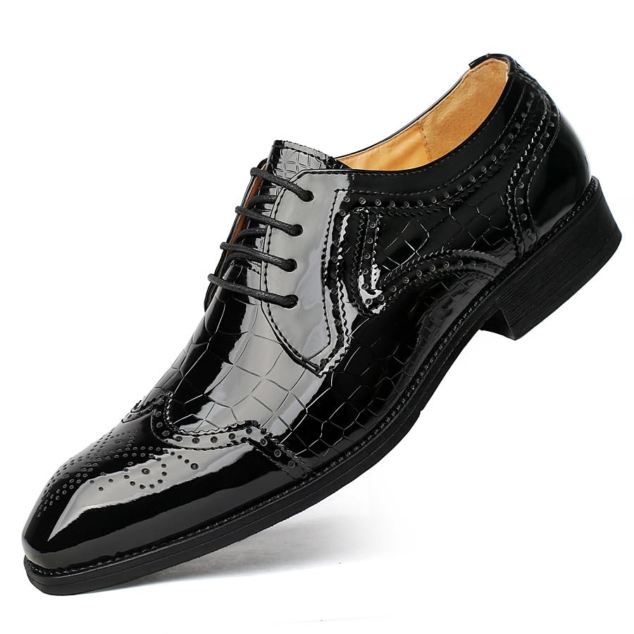 Oxford Dress Shoes for Men Lace Up Square Toe PU Leather Brogue Embossed Wingtips Derby Shoes Anti-Slip Rubber Sole Block Heel Low Top Classic