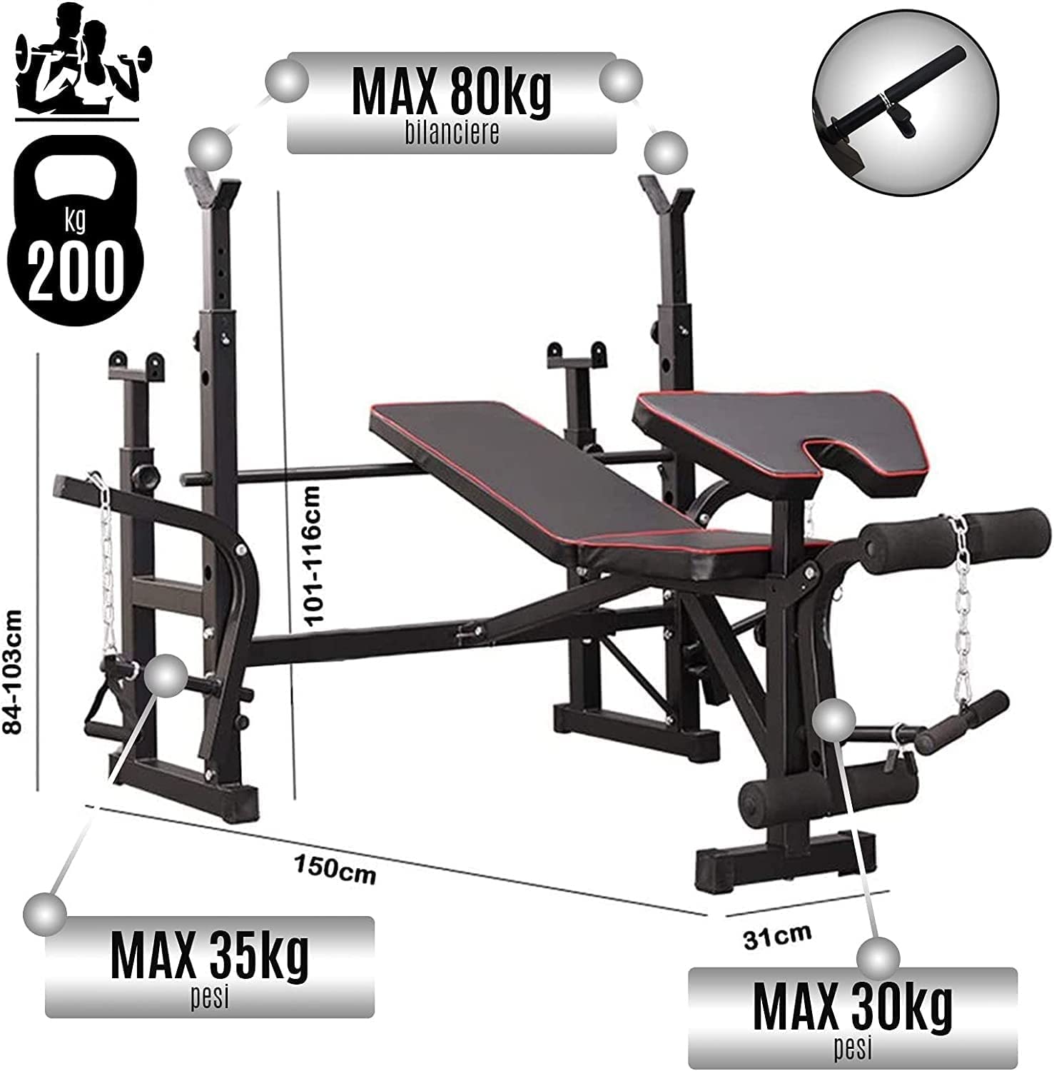 FFitness Banc multifonction pour salle de sport avec barre de 180 cm, banc de musculation réglable, station de remise en forme avec barre droite
