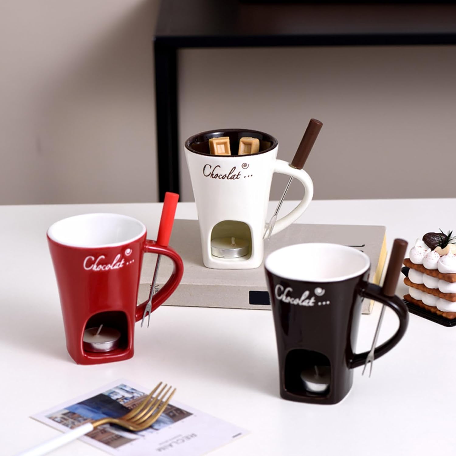 NIDONE 3Pcs Chocolate Fondue Mug Heat-Resistant Ceramic Chocolate Fondue with Forks Reusable Melting Cup for Date Night Birthday & Wedding Gifts