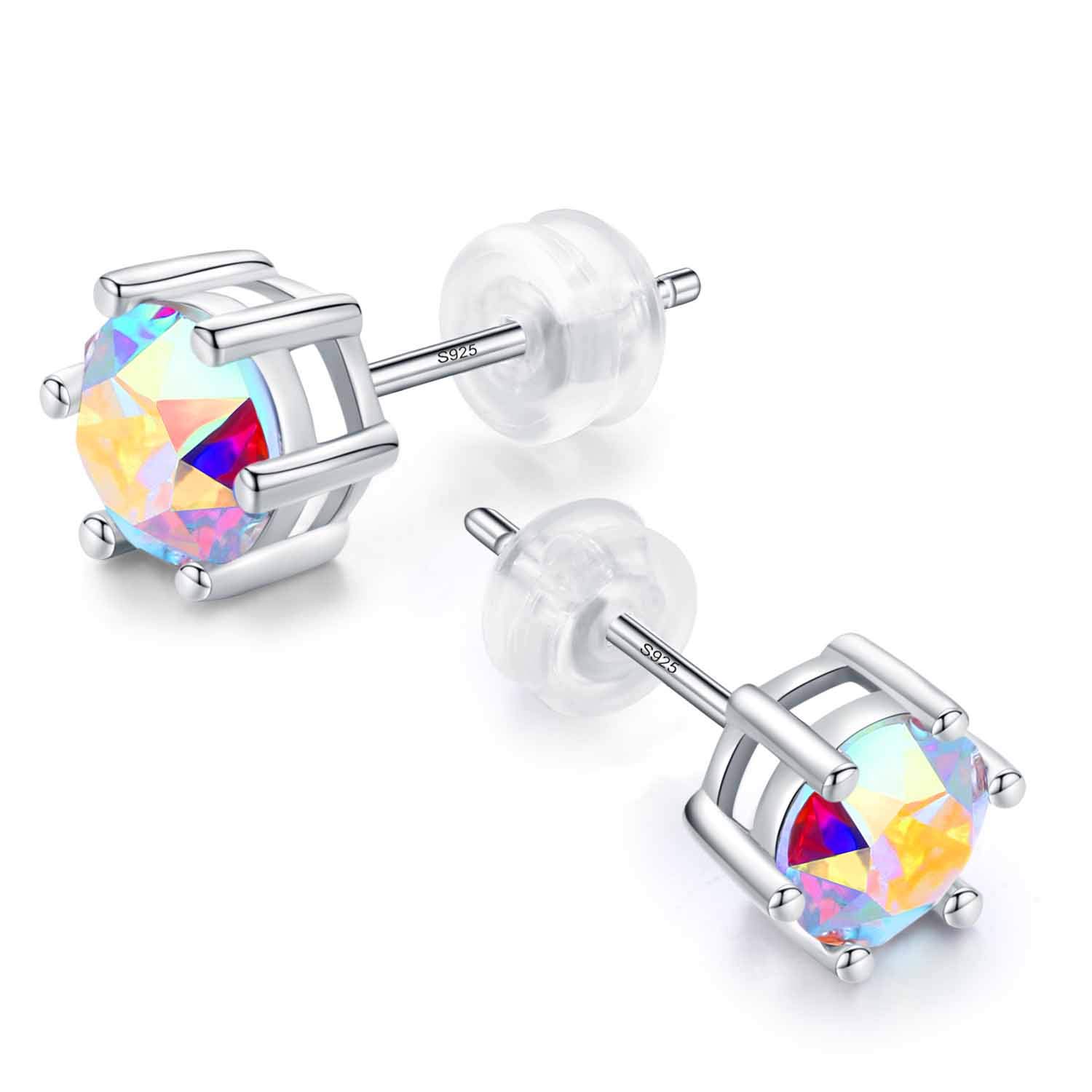 Sunnyshopday035 925 Sterling Silver,6.5mm Crystal Serial Earring Gemstone Stone, Stud with Gift Box,Men Women (Blue Golden Sea)