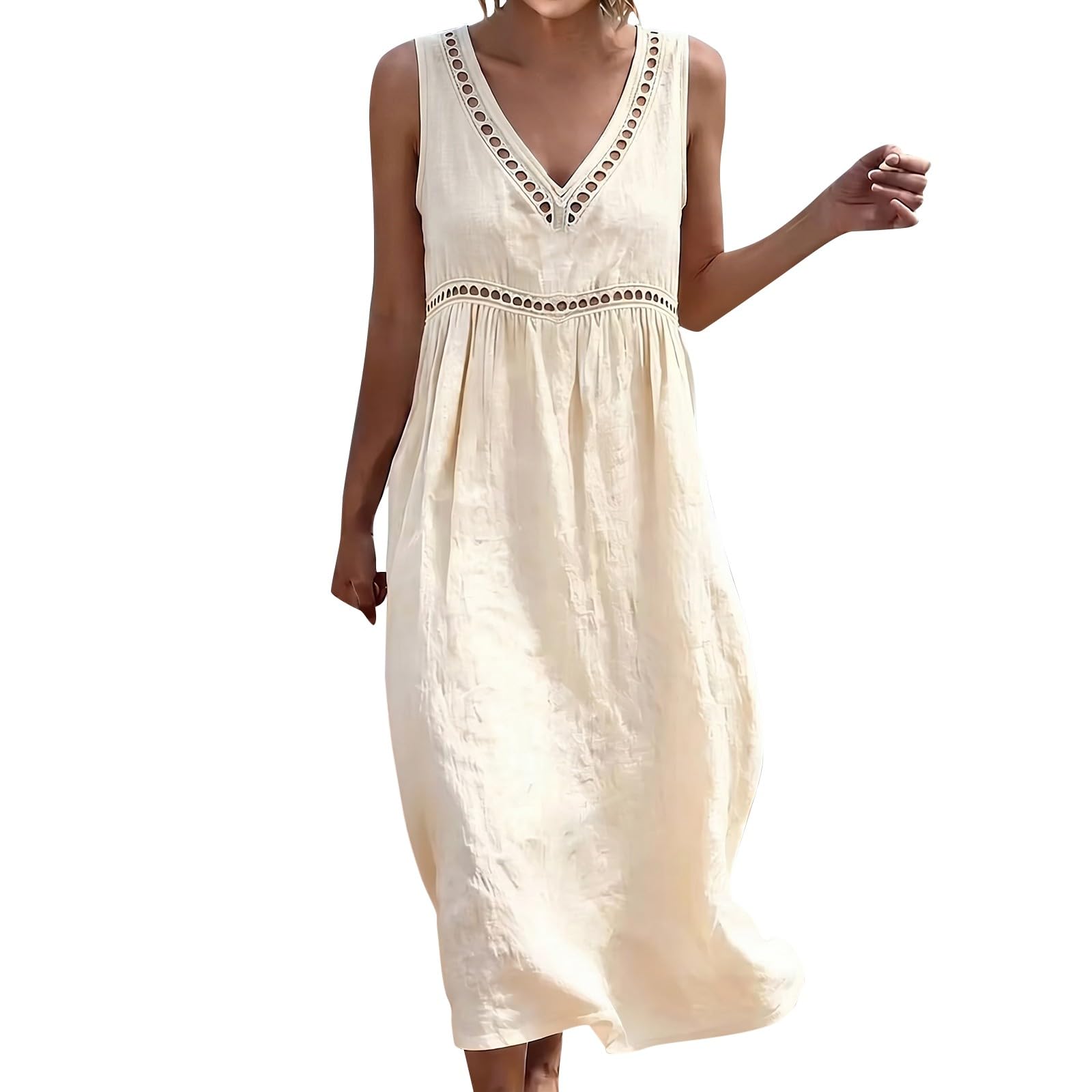 Abito estivo da donna in cotone, maxi abito estivo da spiaggia, leggero, comodo, per il tempo libero, senza maniche, arioso, abito da casa, abito midi con scollo a V, abito bohémien