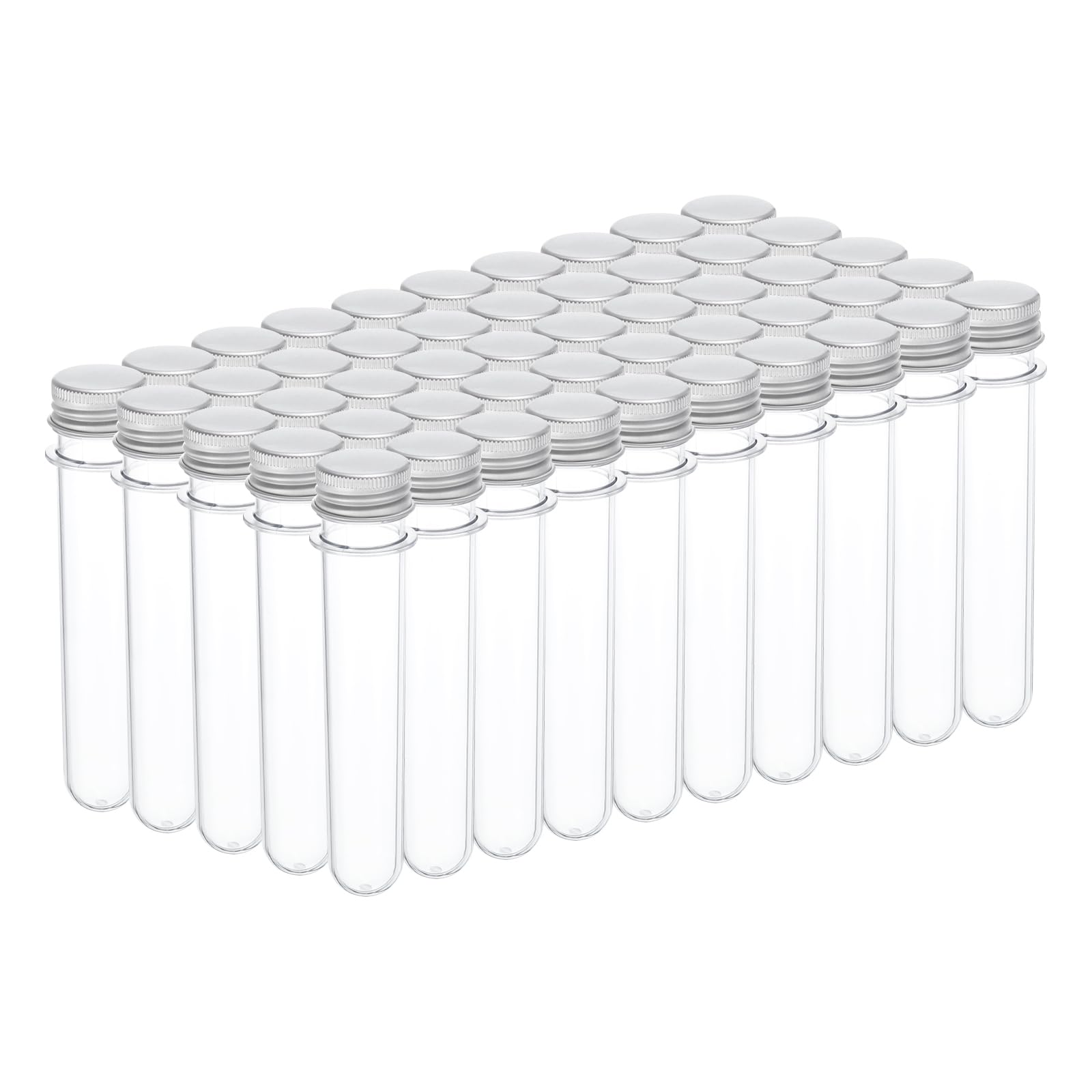 PATIKIL Tubi di plastica 45 ml con tappi a vite, 50 pezzi, 141x25mm, per decorazioni scientifiche, conservazione di caramelle, perle, sale bagno, uso in laboratorio, tonalità argento