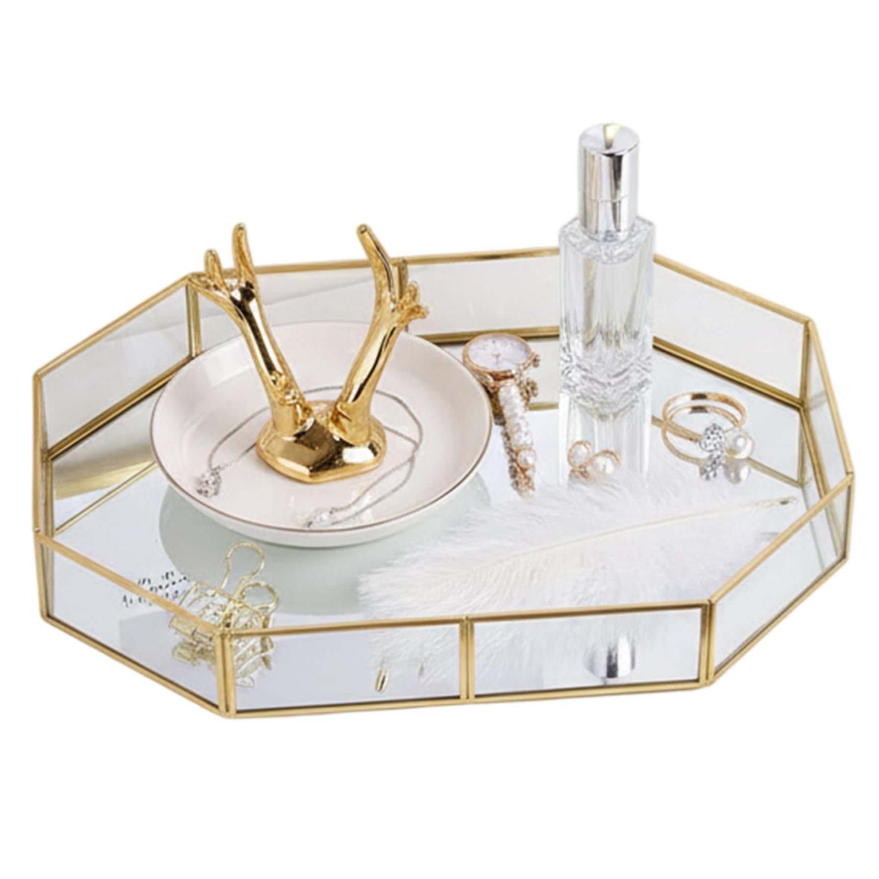 Bandeja geométrica con Espejo, bandejas de Perfume de 12, 4 Pulgadas con Marco Dorado para Almacenamiento de Joyas, Bandeja Decorativa Dorada para baño y Dormitorio.